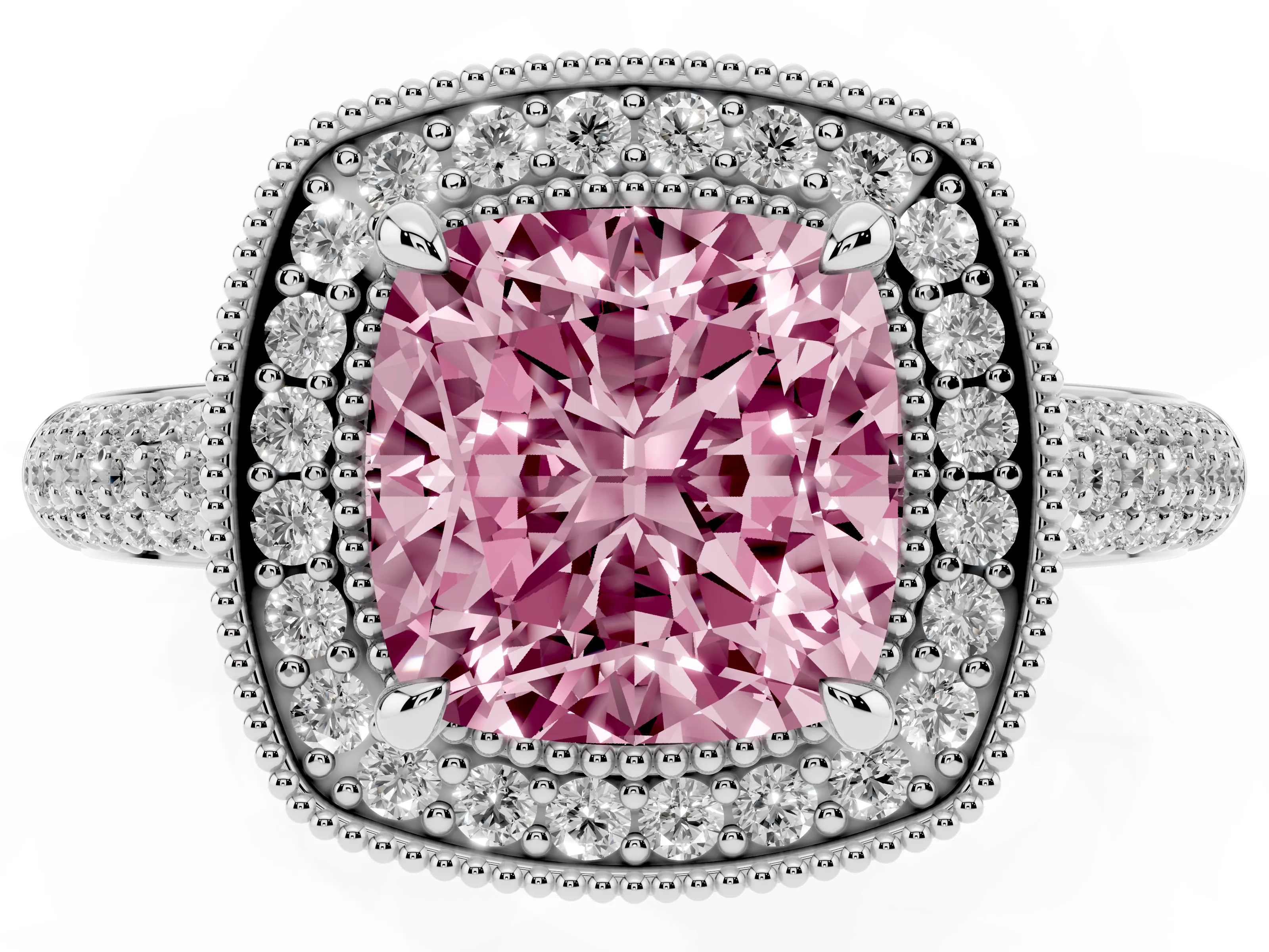 Fancy Pink Cushion Cut Diamond Halo Pavé Band Set in Platinum with Prong Setting