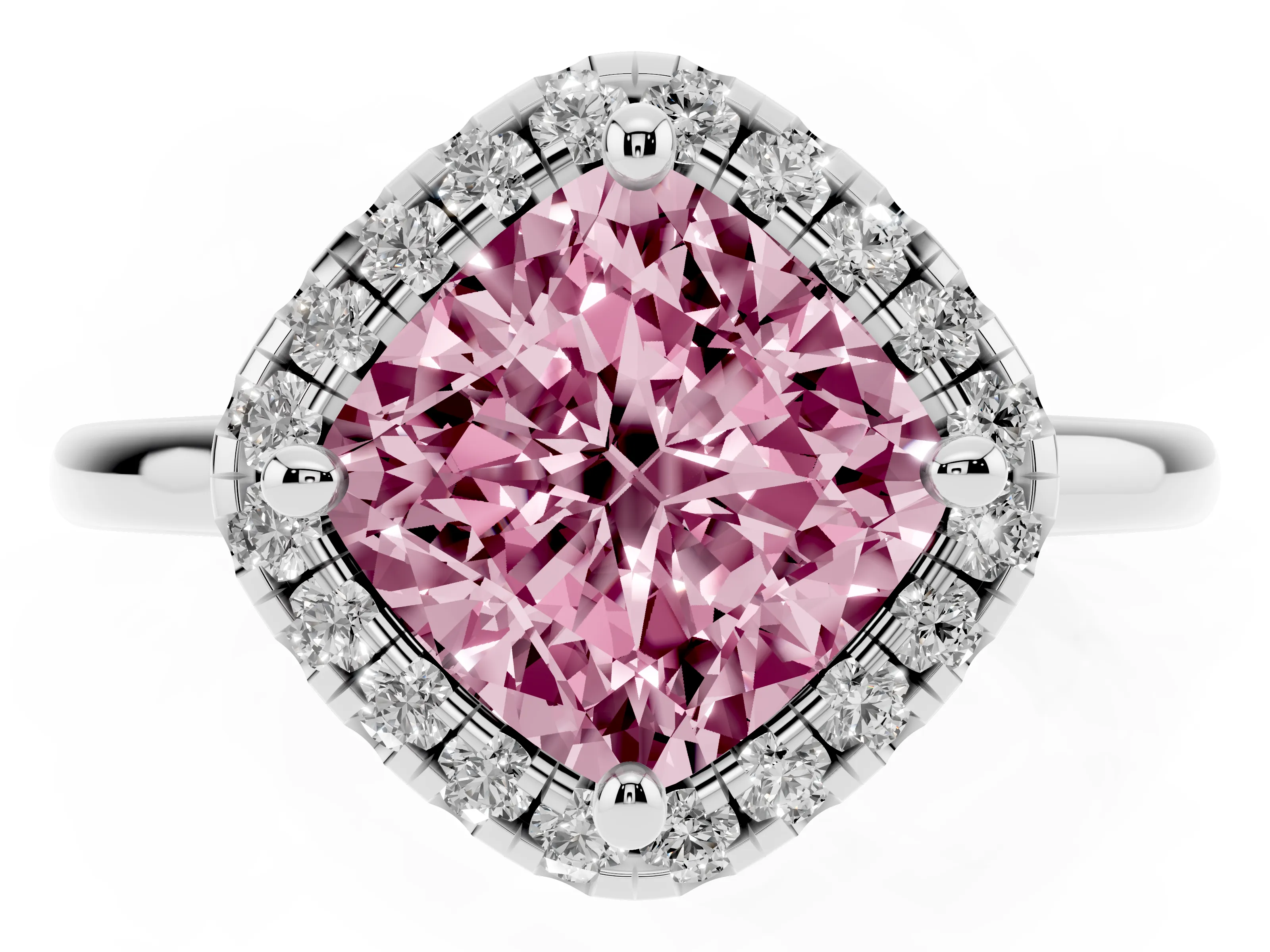 Fancy Pink Cushion Cut Diamond Halo Engagement Ring Set in Platinum with Pavé Band and Rising Shoulders