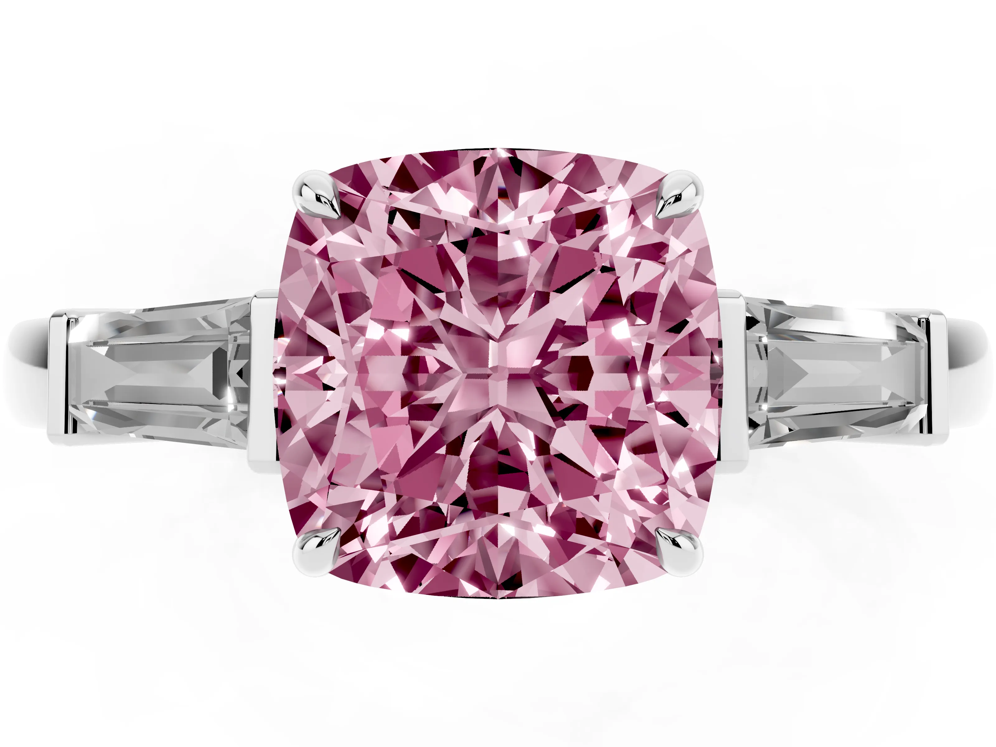 Fancy Pink Cushion Cut Diamond Three-Stone Ring Set in Platinum with Tapered Baguette Side Stones and Prong Setting
