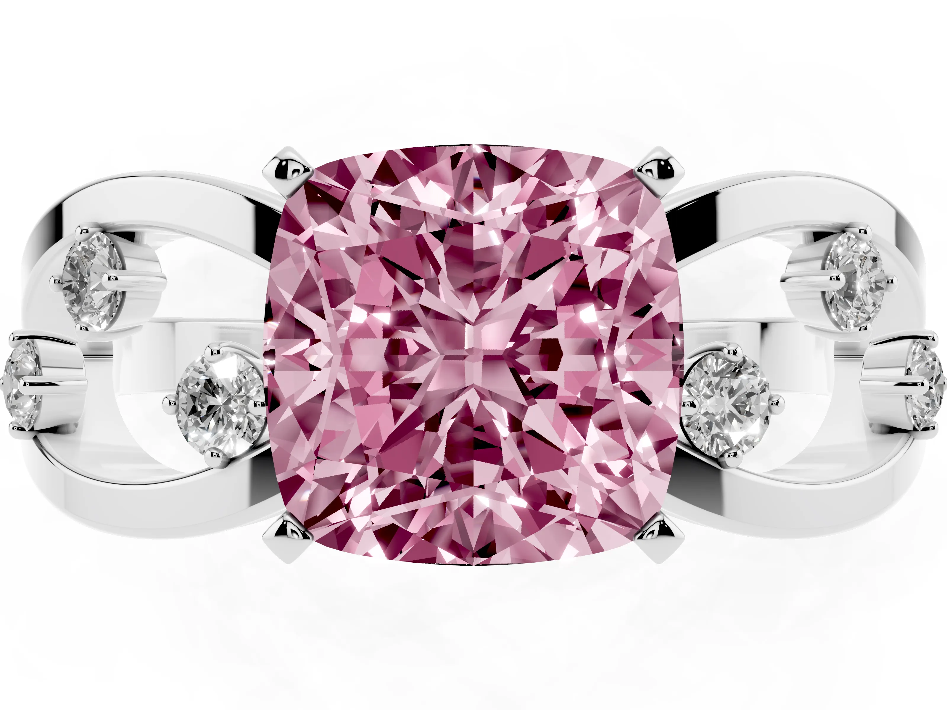 Fancy Pink Cushion Cut Diamond Solitaire Ring Set in Silver with Side Stones on Criss-Cross Band and Prong Setting