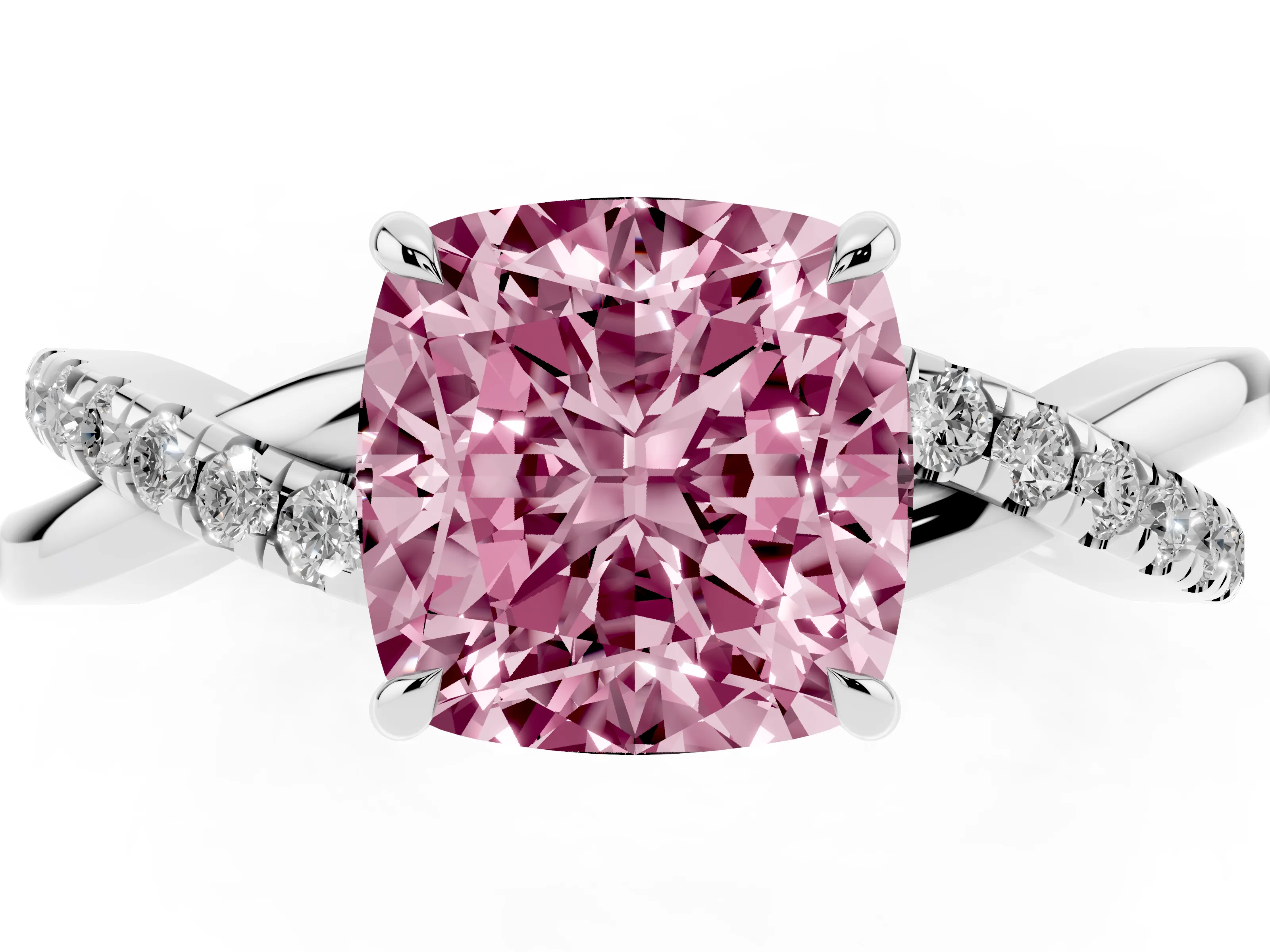 Fancy Pink Cushion Cut Diamond Twisted Pavé Band Ring Set in Platinum with Prong Setting