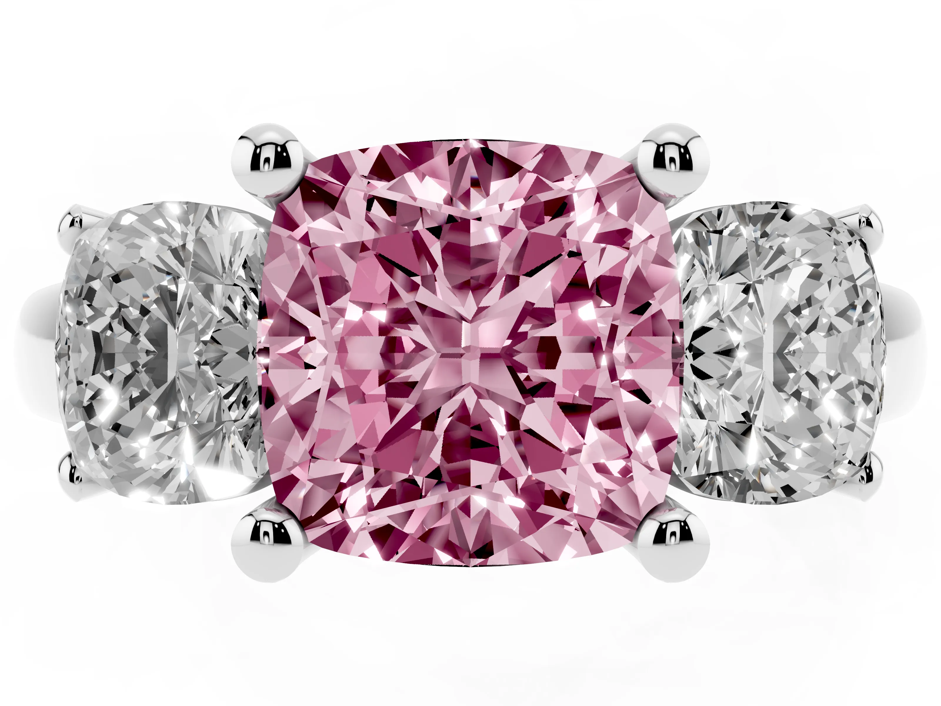 Fancy Pink Cushion Cut Diamond Three-Stone Ring Set in White gold with Classic Prong Setting and Plain Band