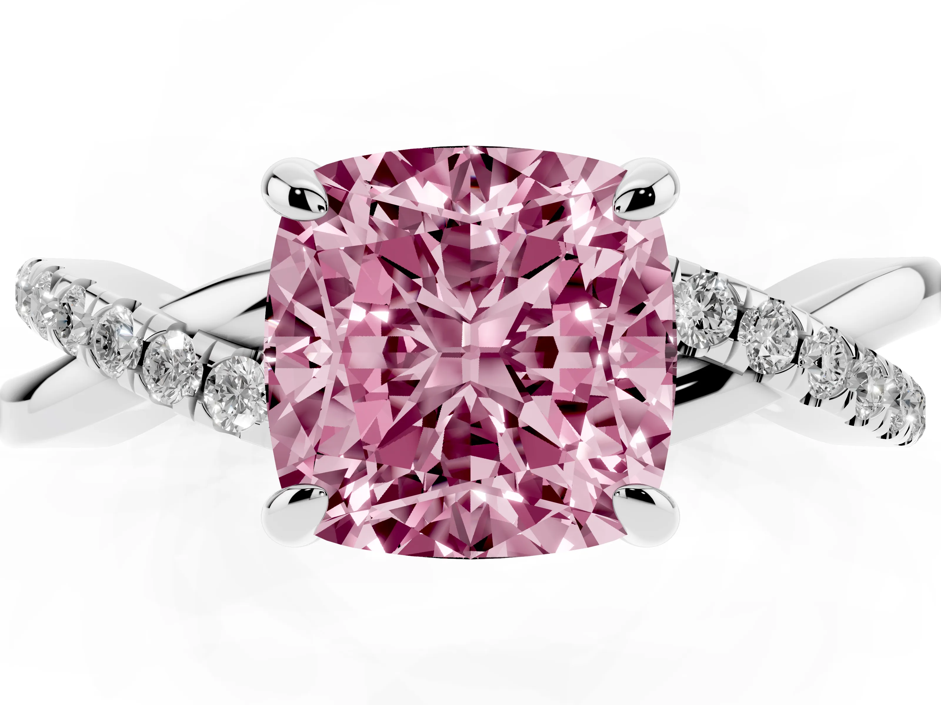 Fancy Pink Cushion Cut Diamond Twist Band Pavé Solitaire Ring Set in White gold with Prong Setting