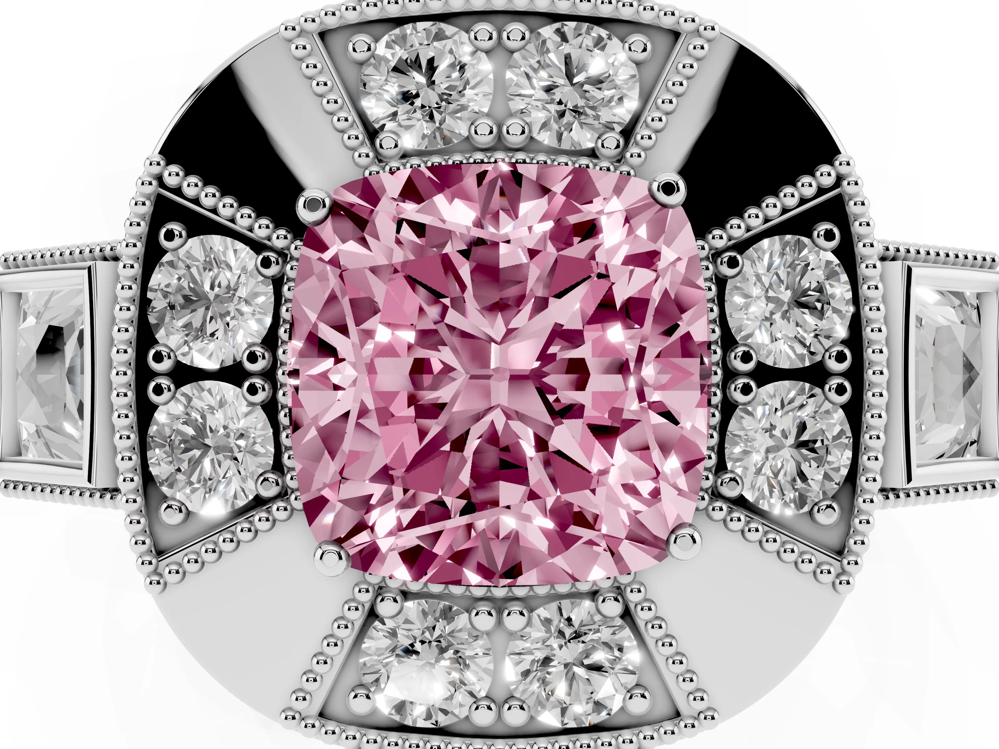 Fancy Pink Cushion Cut Diamond Milgrain Halo Ring Set in White gold with Split Shank