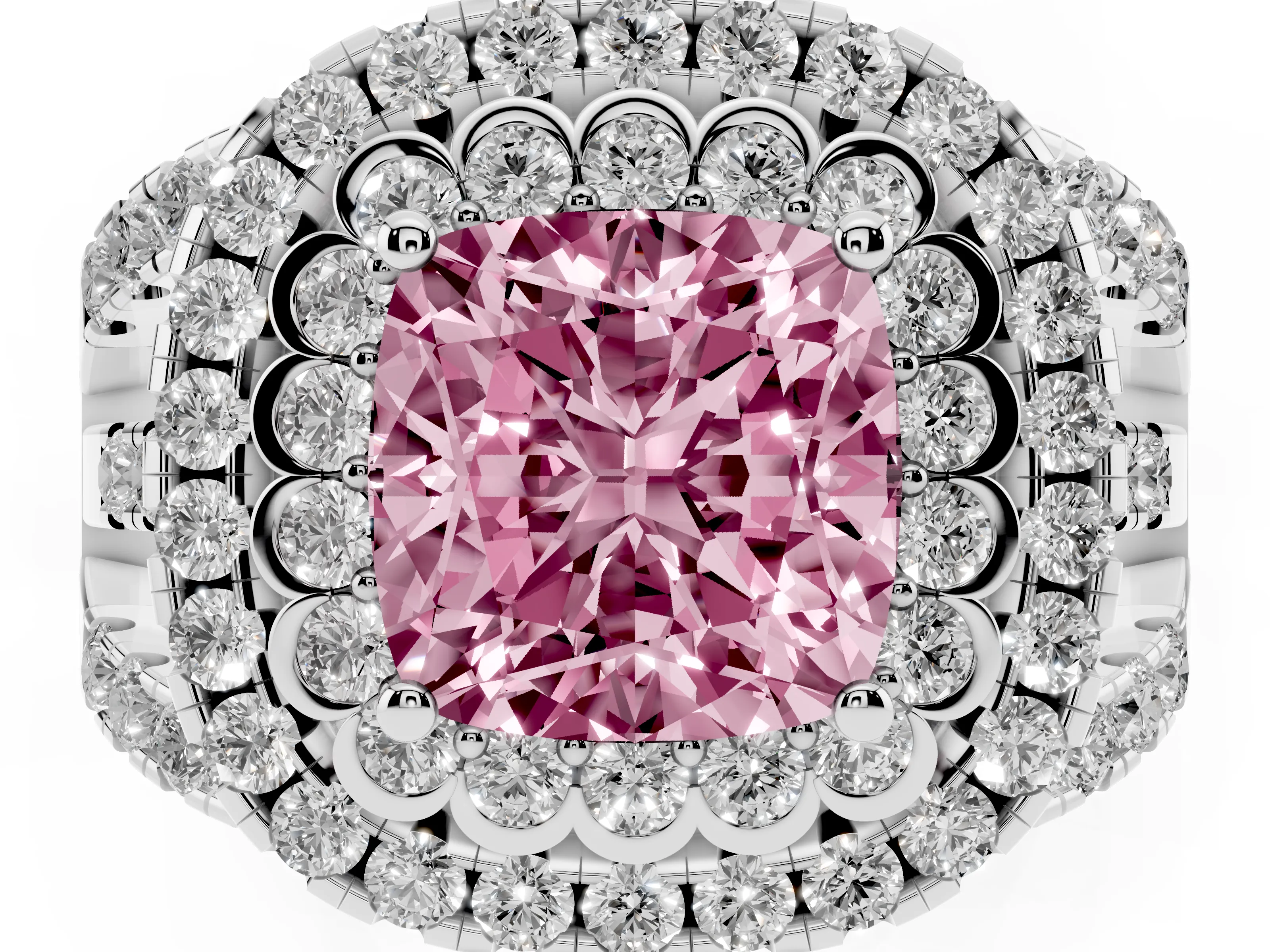 Fancy Pink Cushion Cut Diamond Double Halo Ring Set in Silver with Round Pavé Split Shank