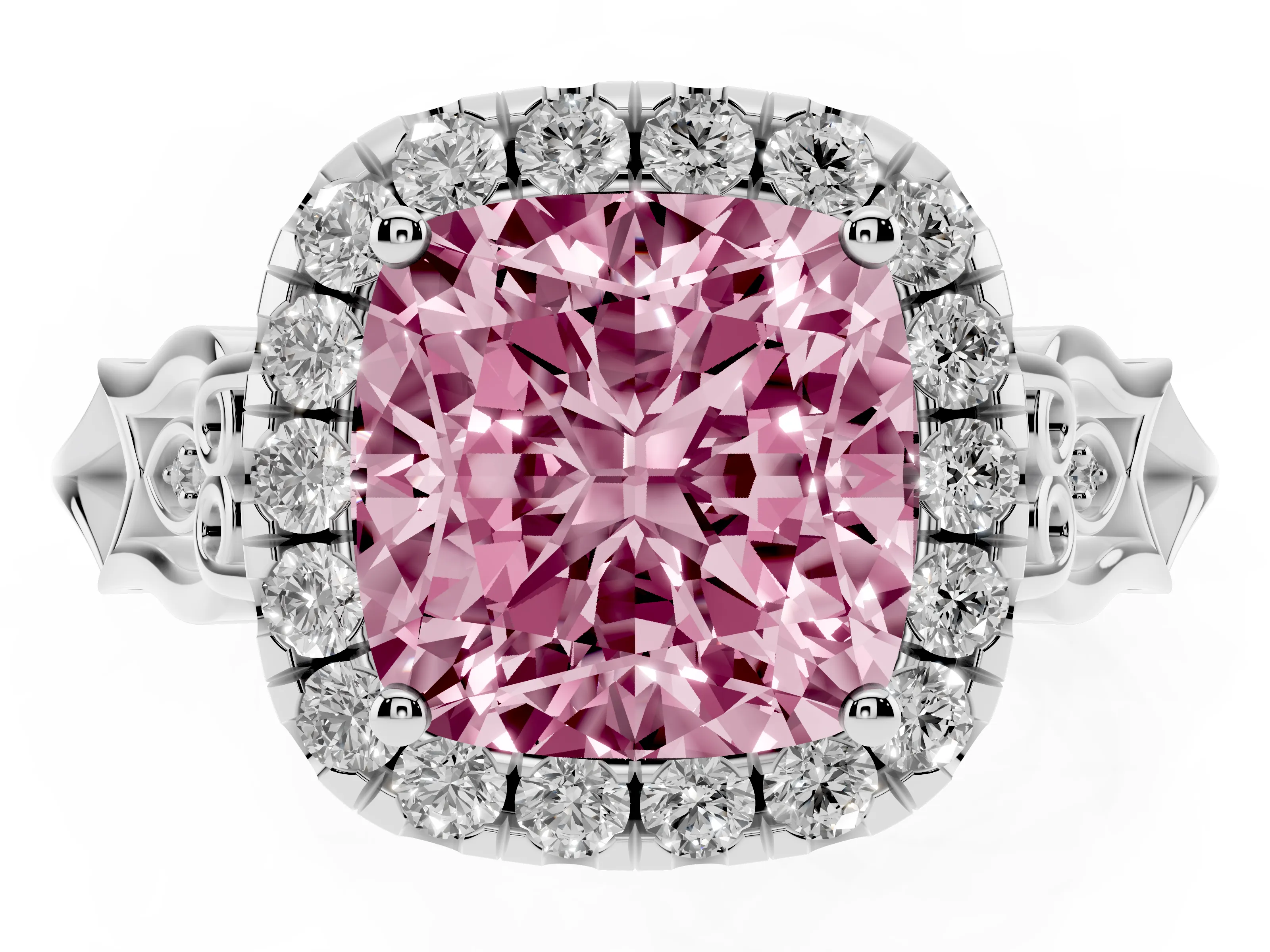 Fancy Pink Cushion Cut Diamond Halo Engagement Ring Set in Platinum with Filigree Band and Prong-Set Center