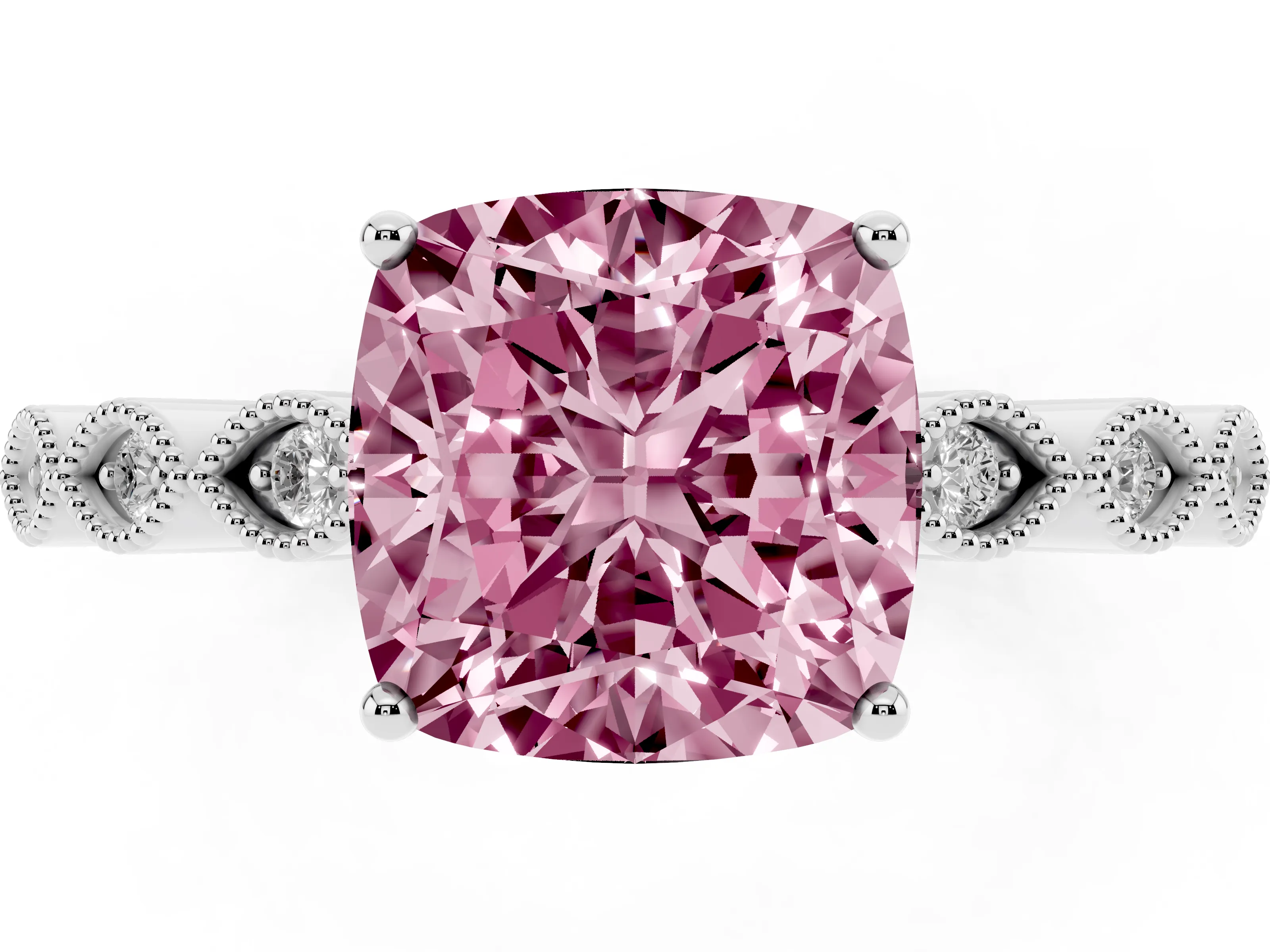 Fancy Pink Cushion Cut Diamond Solitaire Ring Set in Silver with Infinity Twist Pavé Band