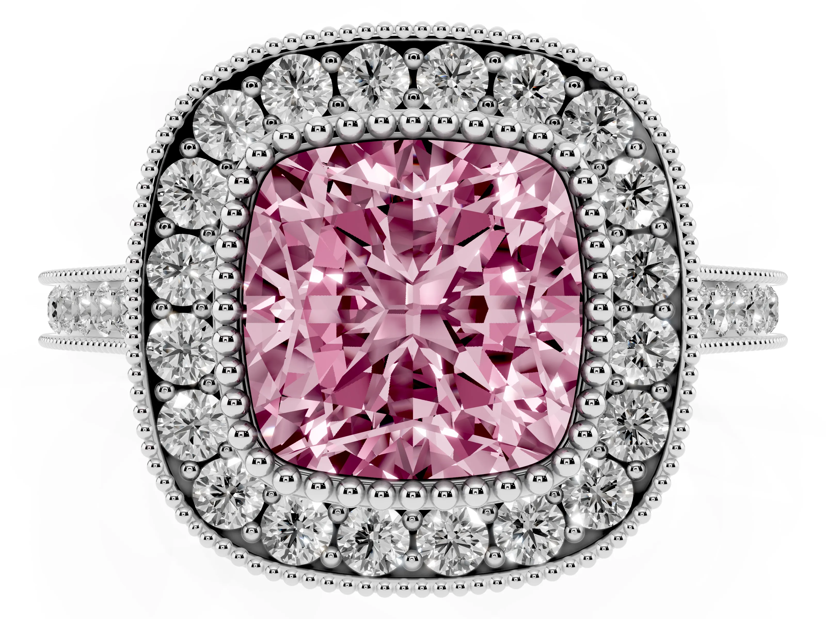 Fancy Pink Cushion Cut Diamond Halo Ring Set in White gold with Milgrain Frame and Pavé Band
