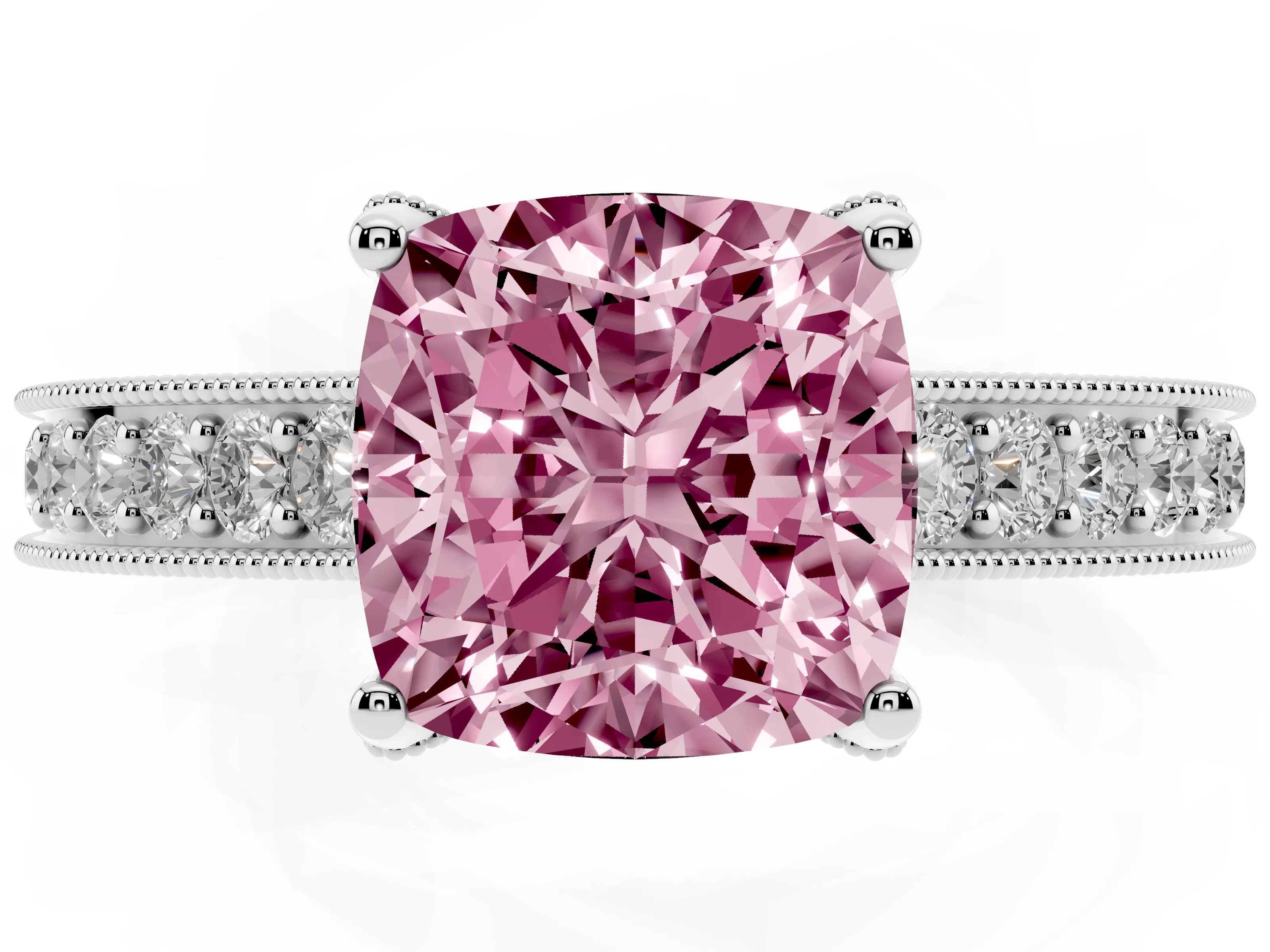 Fancy Pink Cushion Cut Diamond Solitaire Ring Set in Silver with Milgrain-Edged Pavé Band and Prong Setting