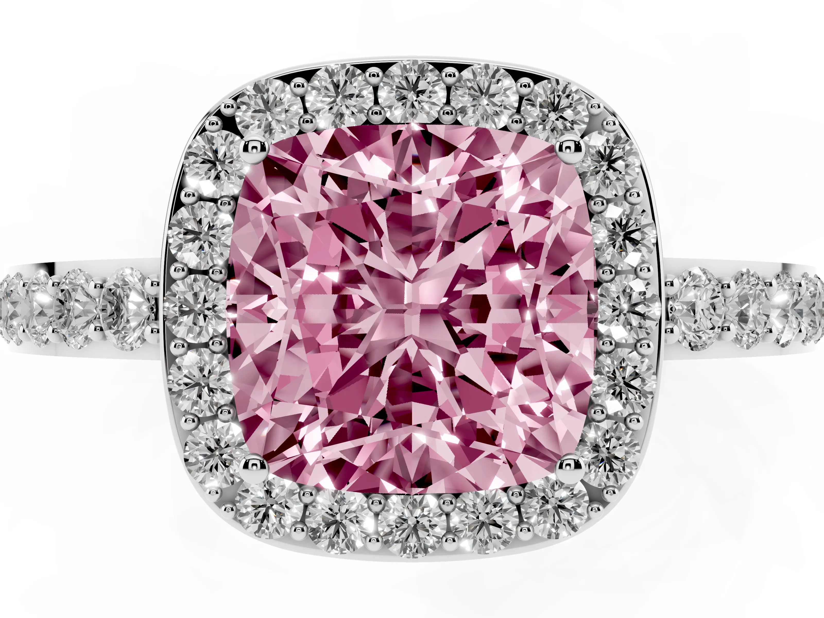 Fancy Pink Cushion Cut Diamond Halo Ring Set in White gold with Pavé-Setting Band and Open Prong Center