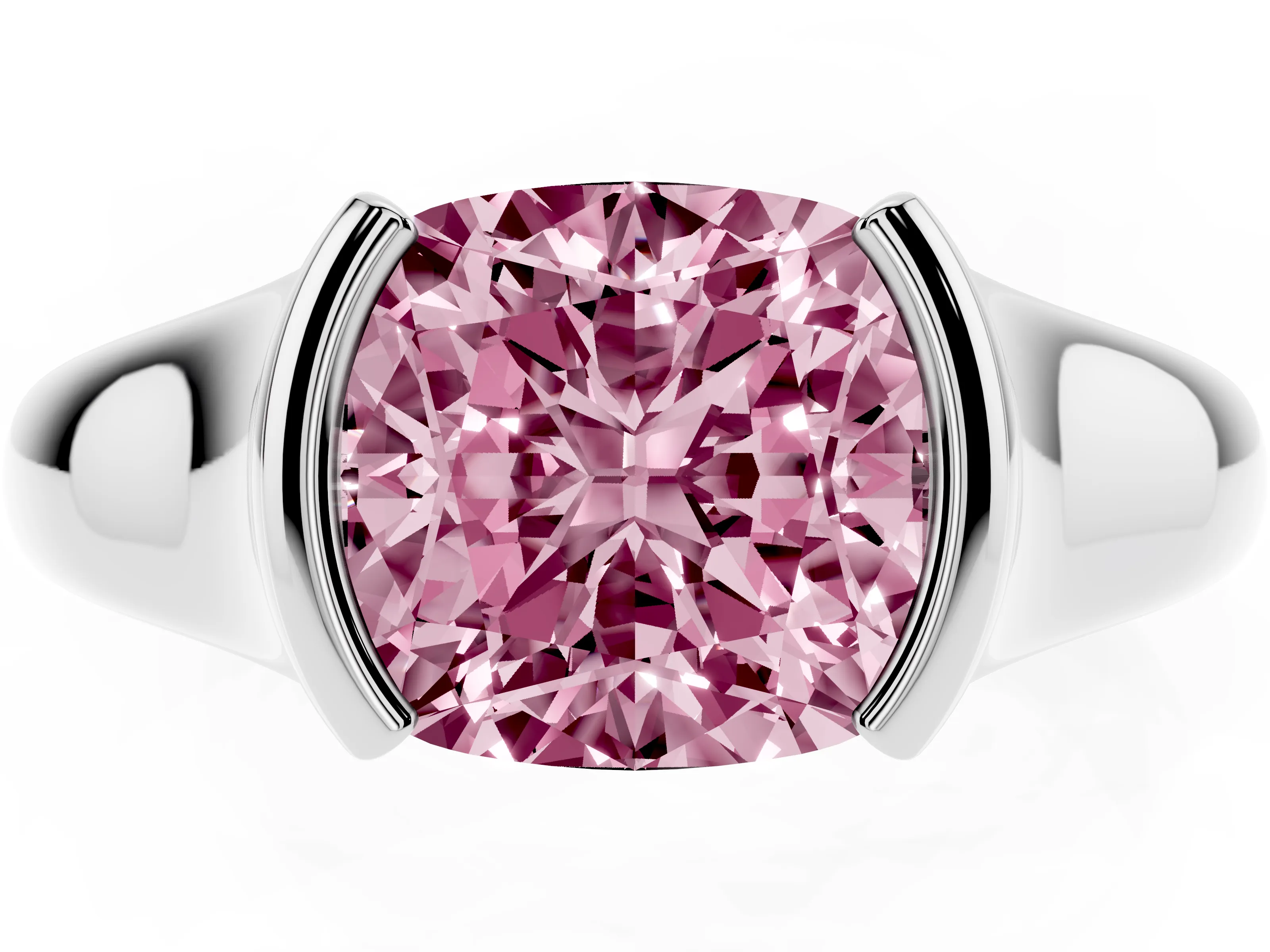 Fancy Pink Cushion Cut Diamond Solitaire Tension Set Ring Set in Silver with Split Shank Band
