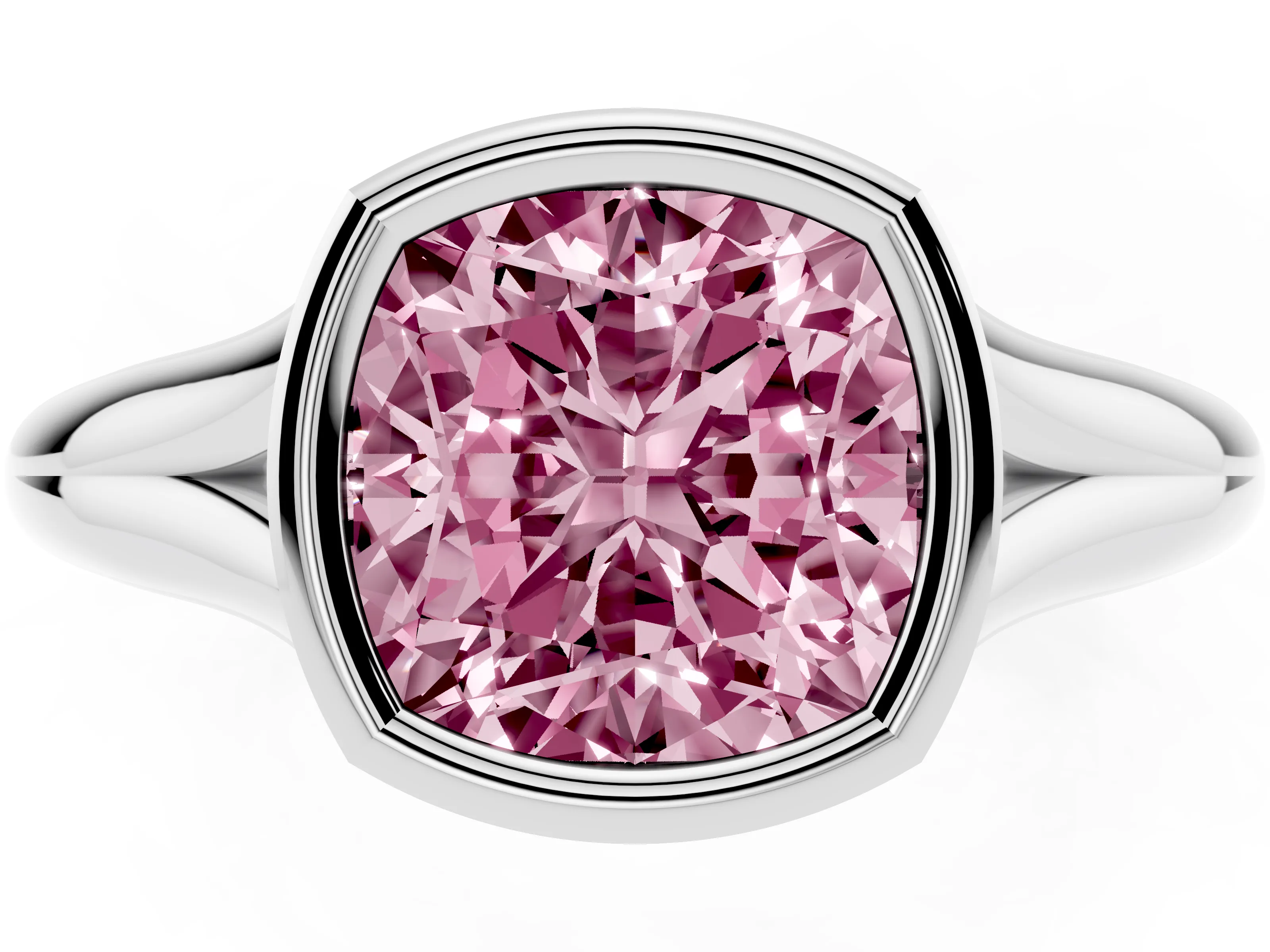Fancy Pink Bezel Set Cushion Cut Diamond Solitaire Ring Set in Silver with Smooth Band
