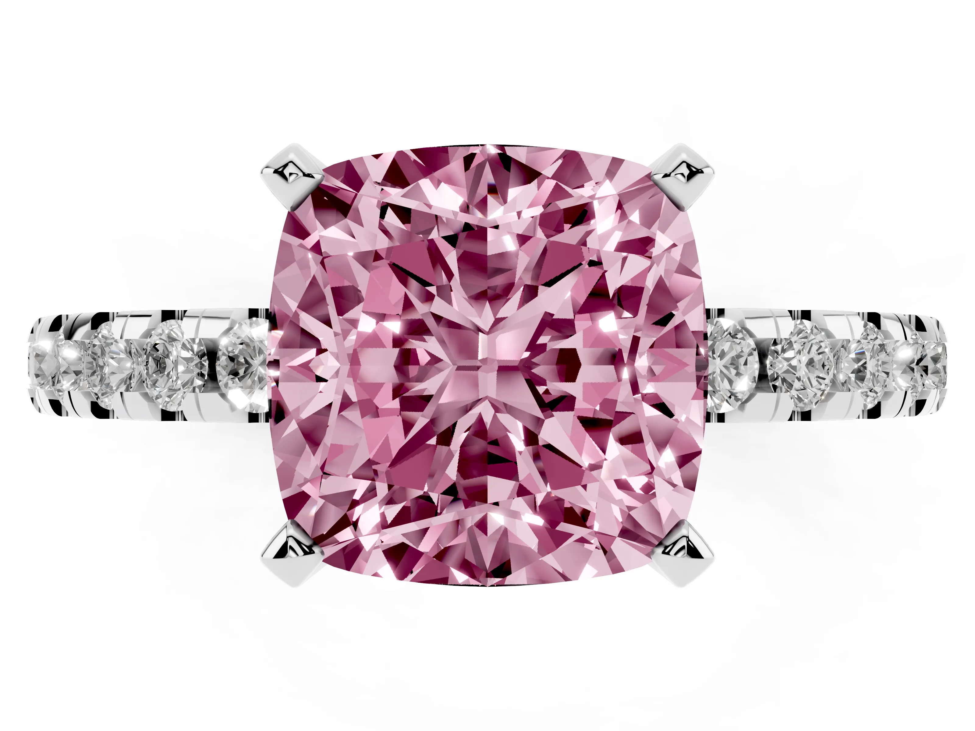 Fancy Pink Cushion Cut Diamond Pavé Solitaire Ring Set in White gold with Round Band Accents and Prong Setting