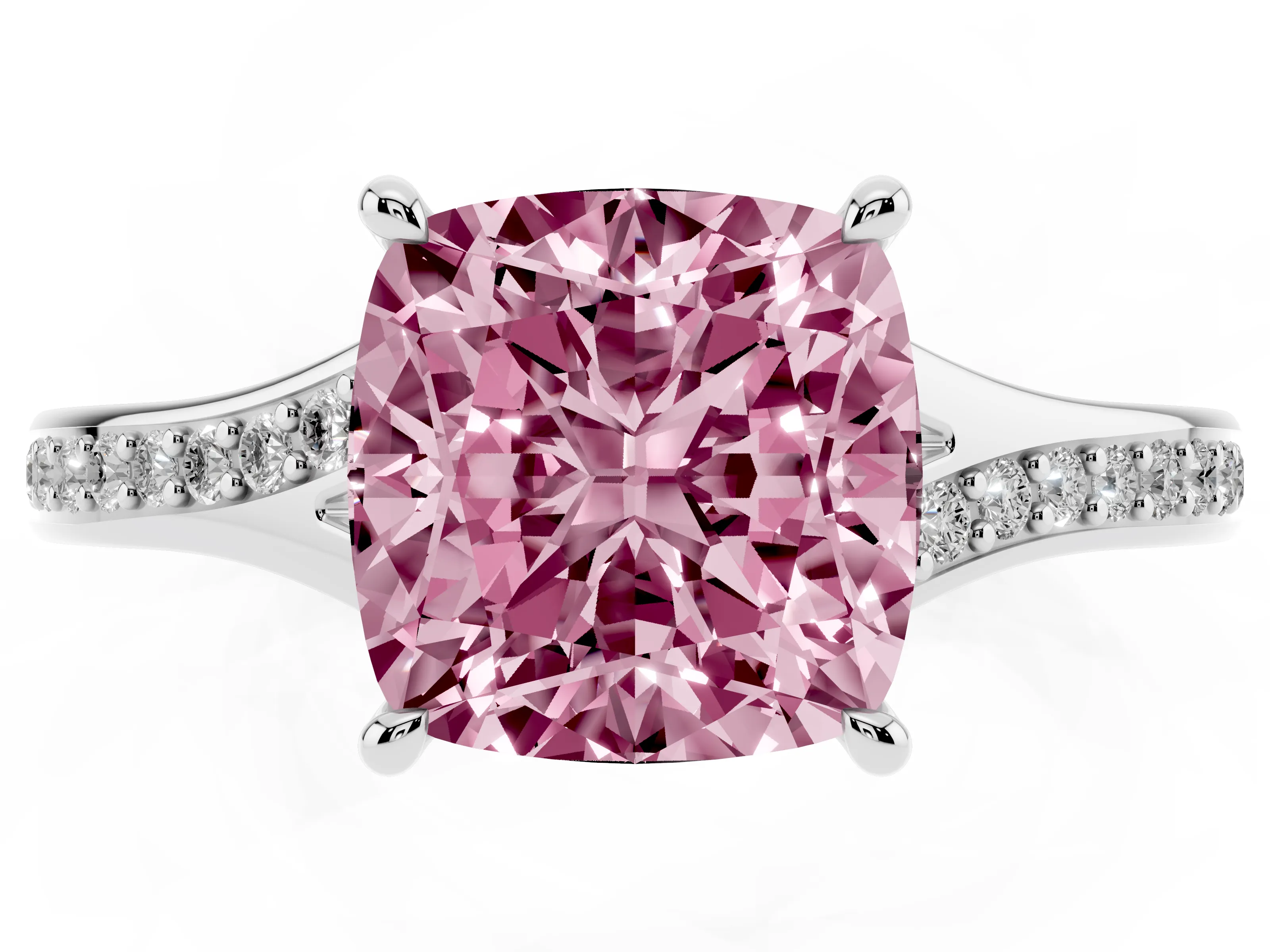 Fancy Pink Cushion Cut Diamond Solitaire Ring Set in Platinum with Pavé Accent Band and Classic Prong Setting