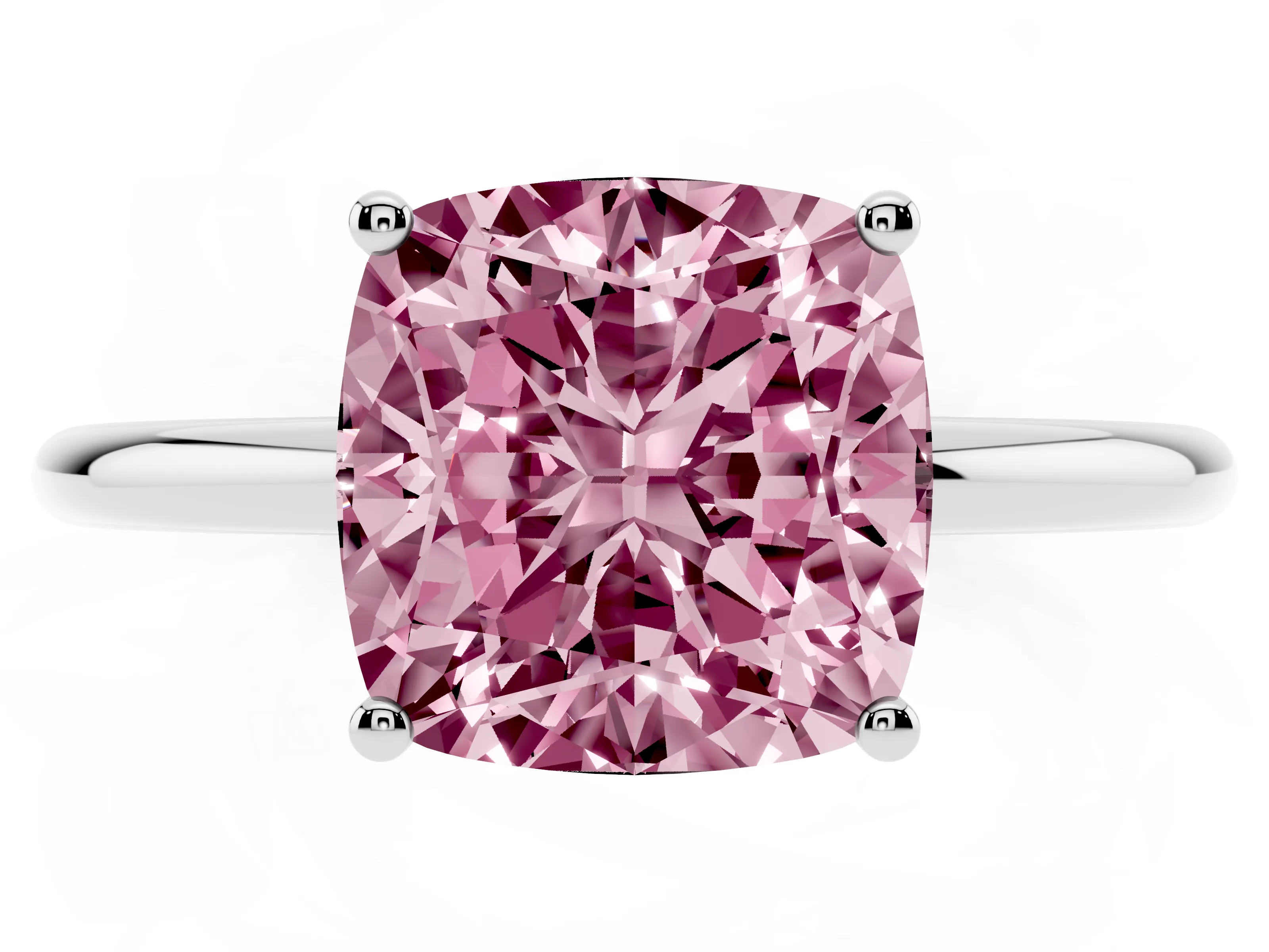 Fancy Pink Cushion Cut Diamond Solitaire Engagement Ring Set in White gold with Thin Band and Prong Setting