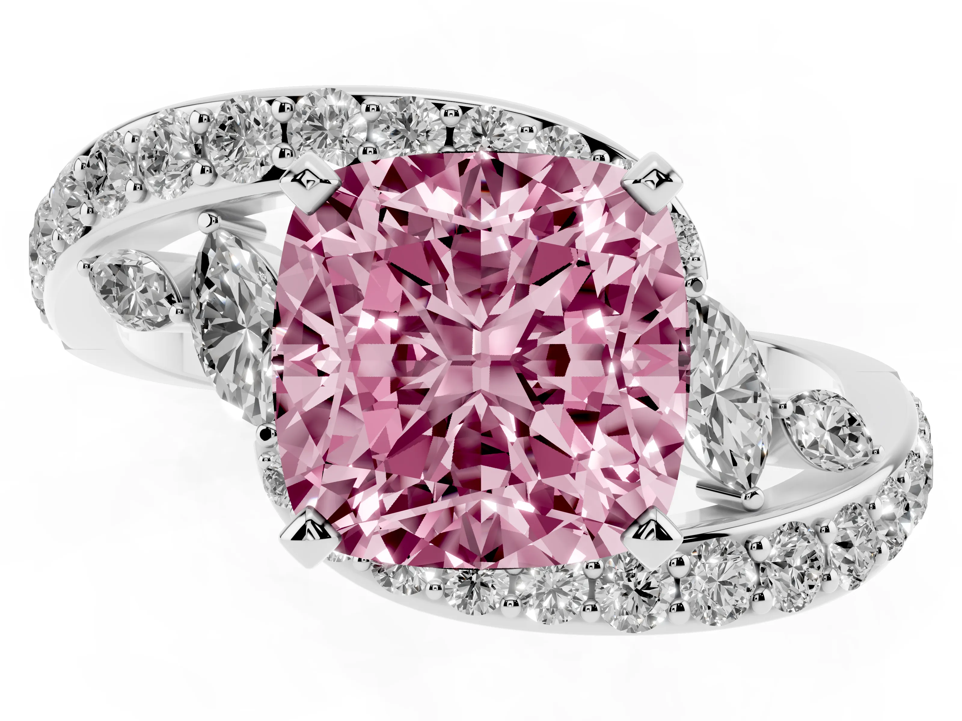 Fancy Pink Cushion Cut Diamond Solitaire Ring Set in Silver with Pavé Twist Band and Secure Prong Setting