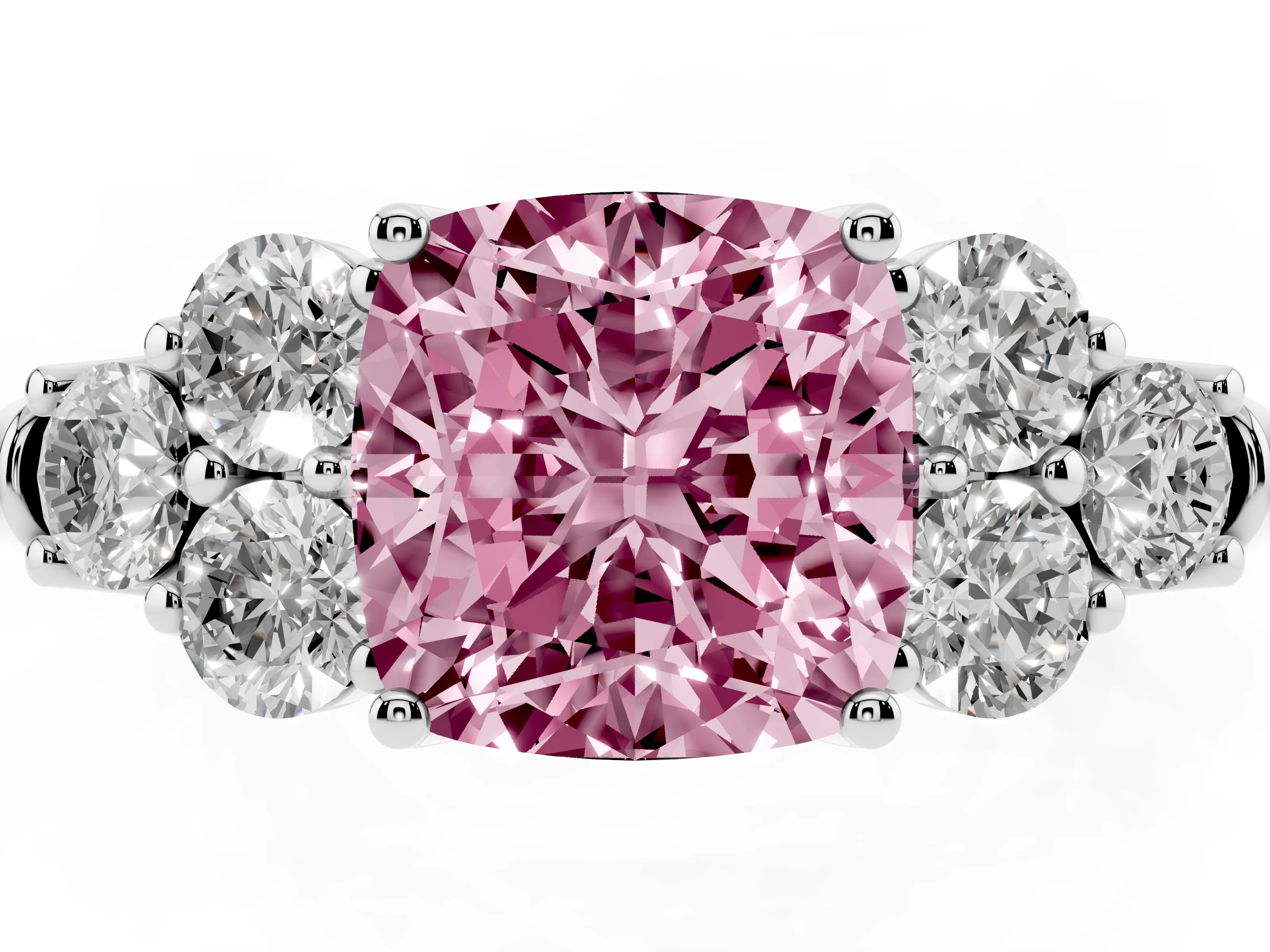 Fancy Pink Cushion Cut Diamond Cluster Ring Set in White gold with Round Accent Stones and Prong Setting on a Plain Band