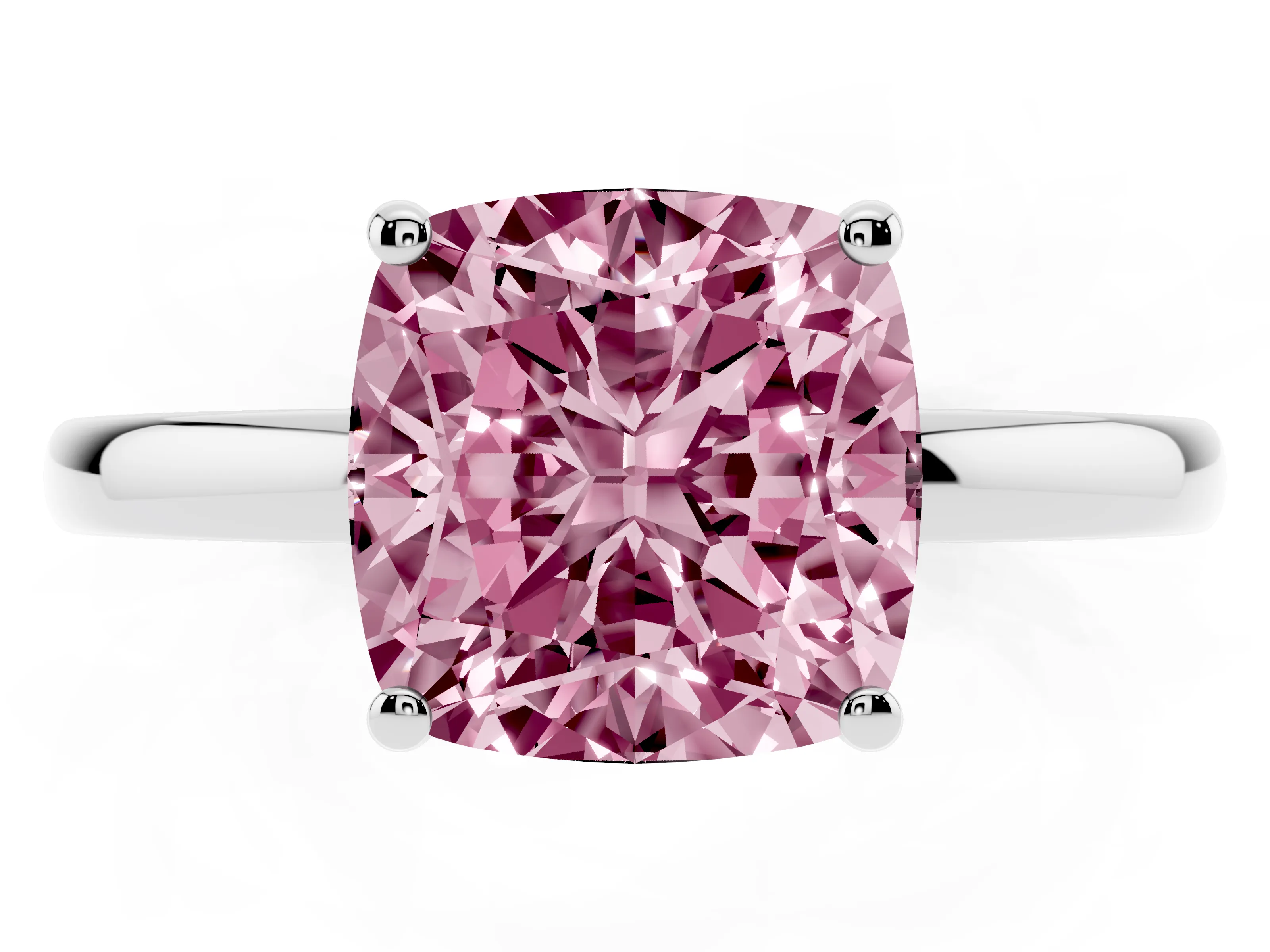 Fancy Pink Cushion Cut Diamond Solitaire Ring Set in Silver with Plain Band and Prong Setting