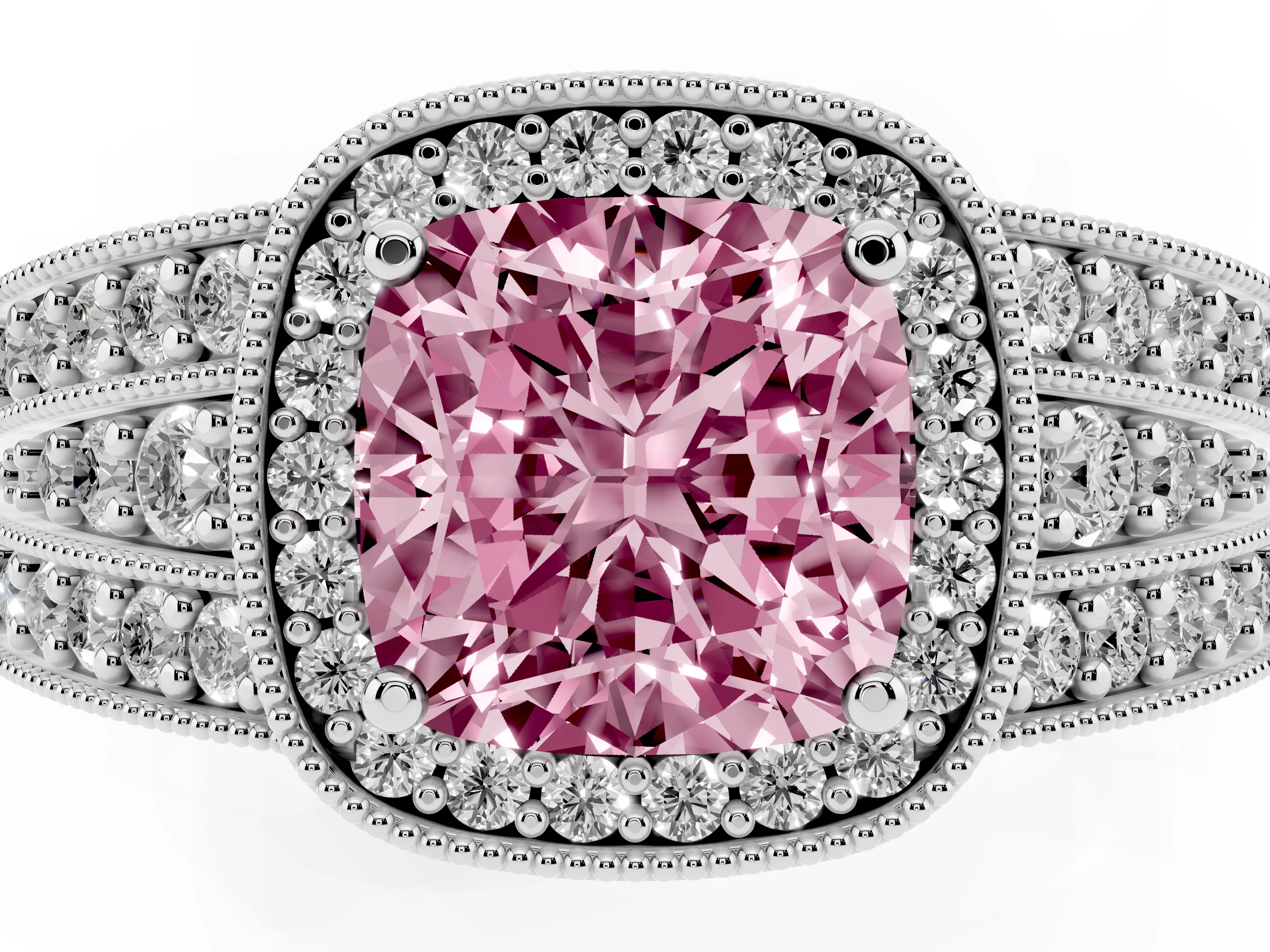 Fancy Pink Cushion Cut Diamond Halo Ring Set in Silver with Accent Split Shank and Prong Setting