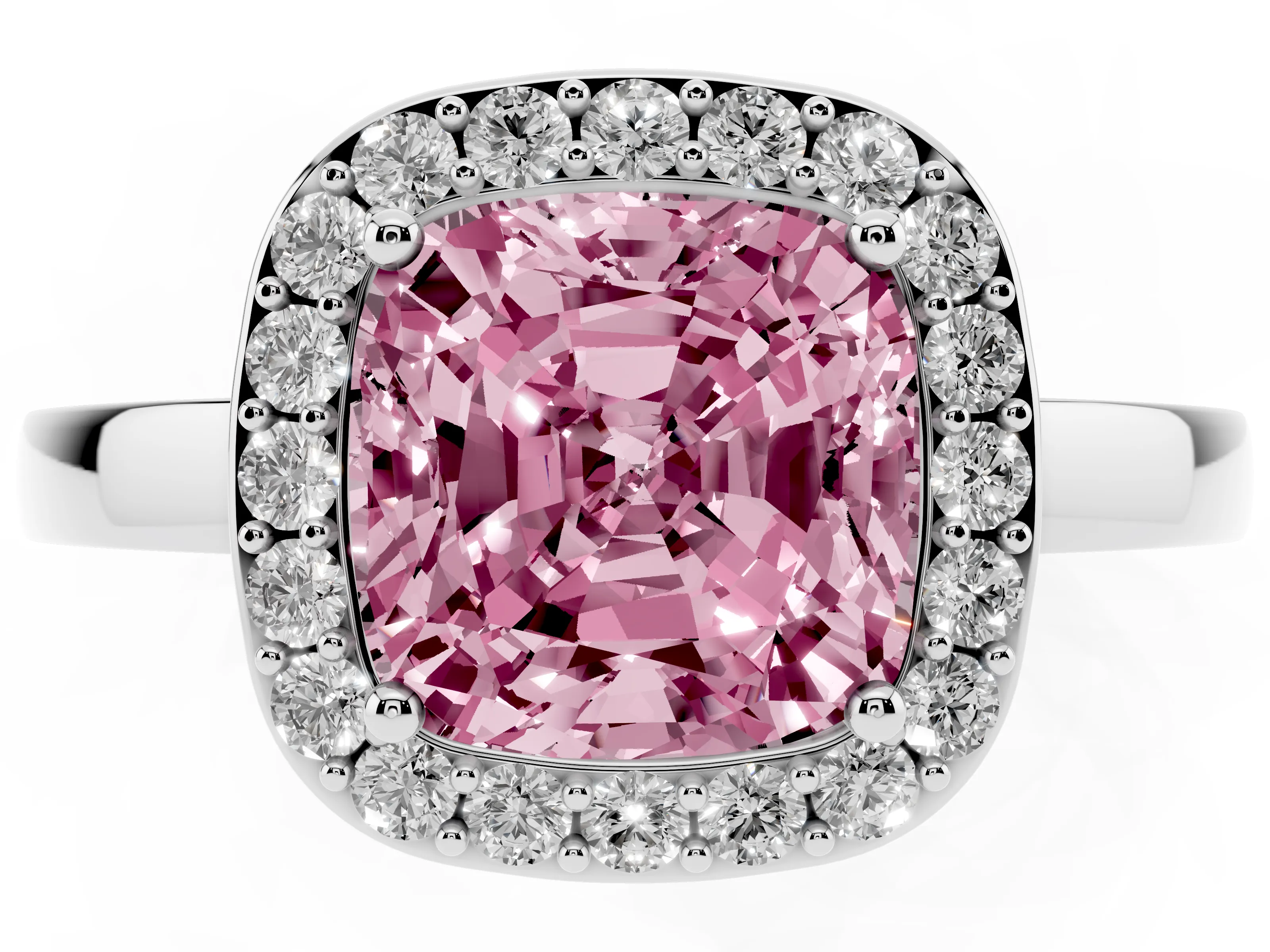 Fancy Pink Cushion Cut Diamond Halo Ring Set in Platinum with Solitaire Band and Prong Setting