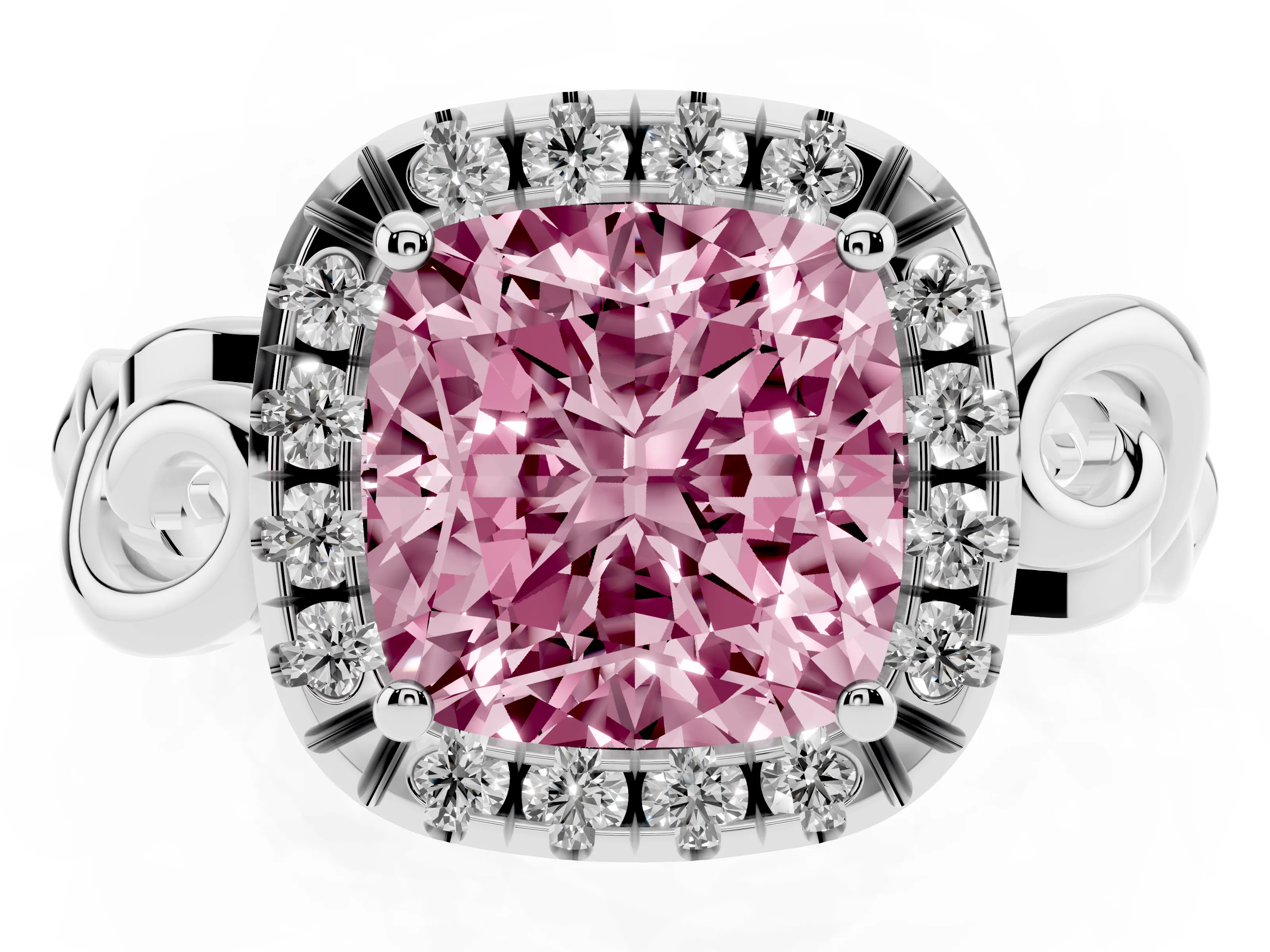 Fancy Pink Cushion Cut Diamond Halo Ring Set in Platinum with Scrollwork Band and Prong Setting
