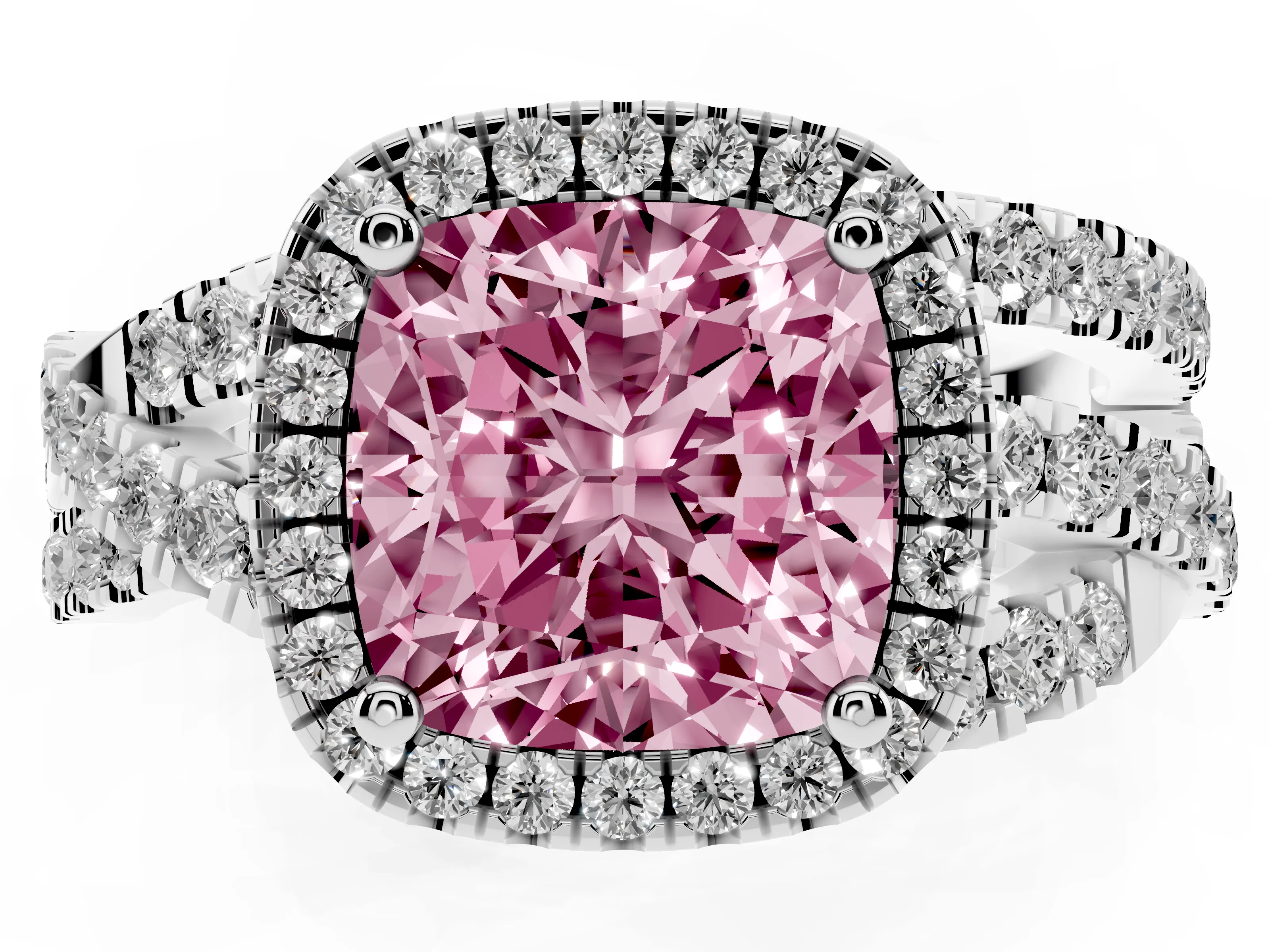 Fancy Pink Cushion Cut Diamond Halo Ring Set in Platinum with Round Crossover Split Shank and Prong Setting