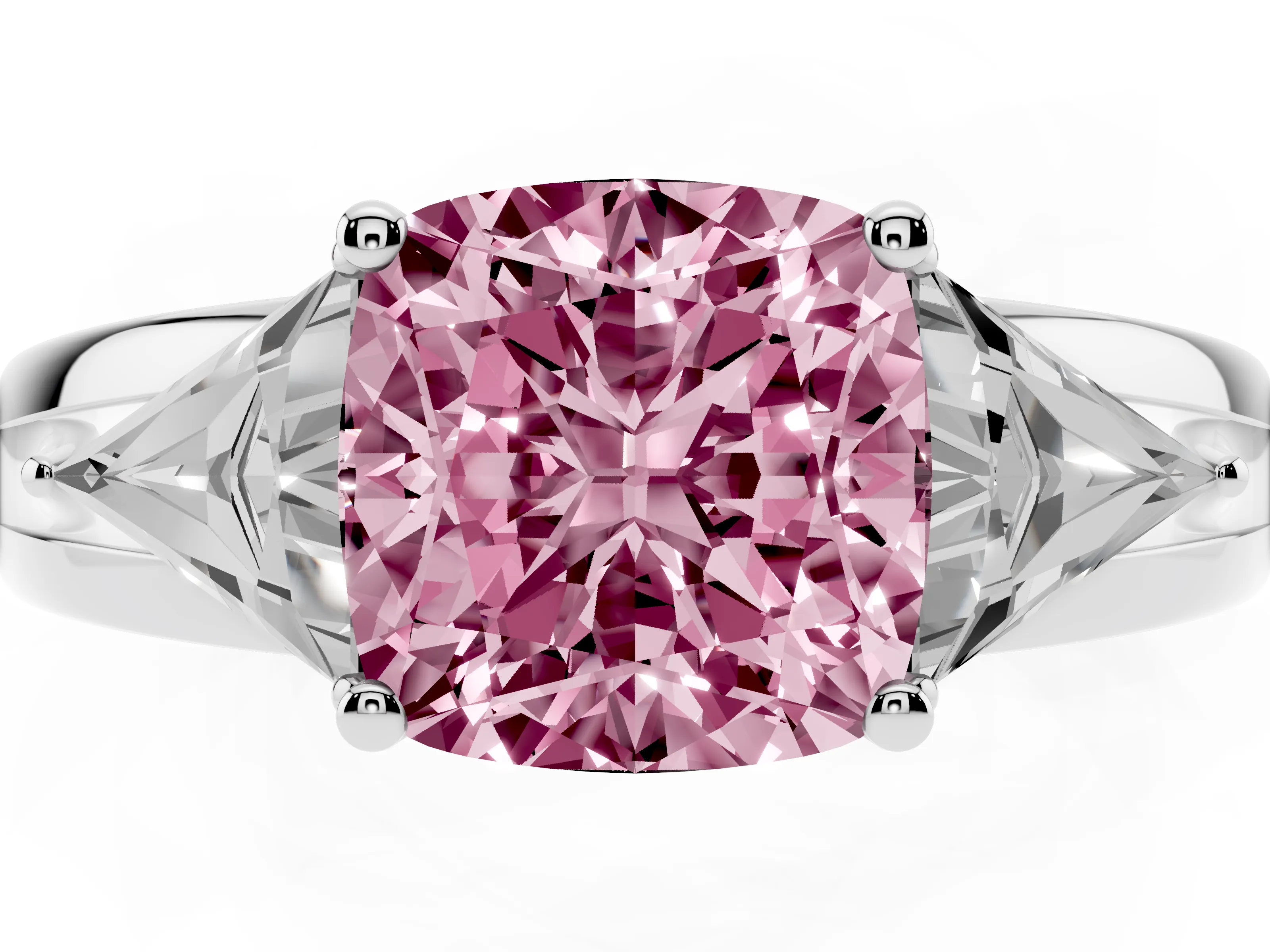 Fancy Pink Cushion Cut Diamond Three-Stone Ring Set in White gold with Trillion Side Stones and Split Shank
