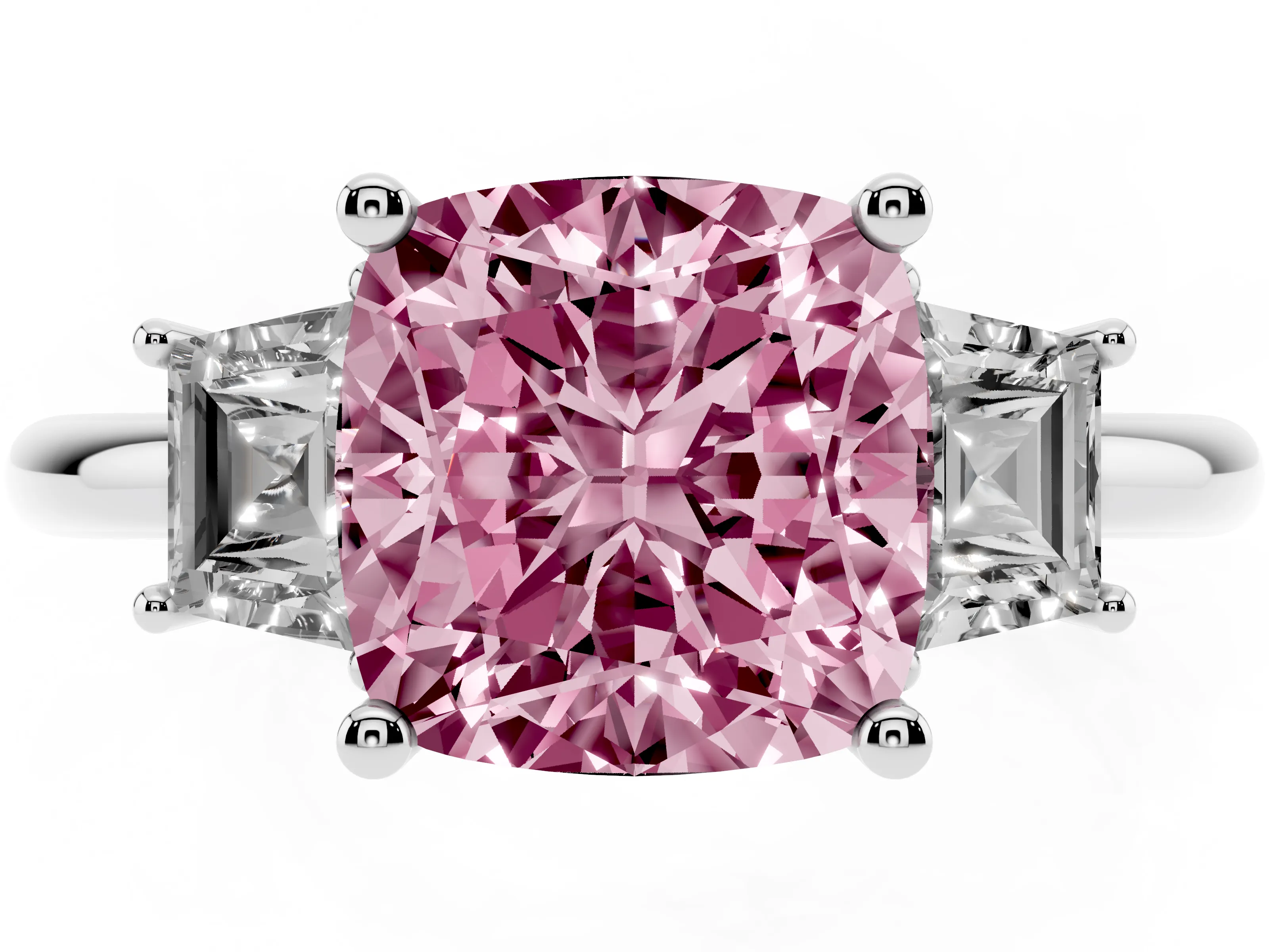 Fancy Pink Cushion Cut Diamond Three-Stone Ring Set in Silver with Trapezoid Side Stones and Prong Setting