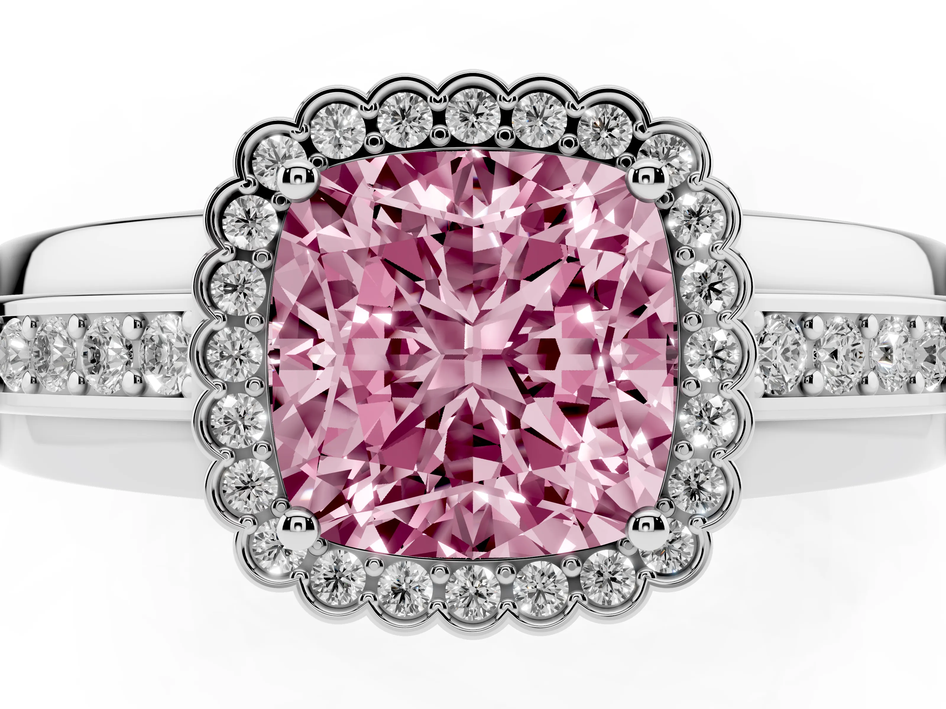 Fancy Pink Cushion Cut Diamond Halo Prong Ring Set in Platinum with Pavé Band