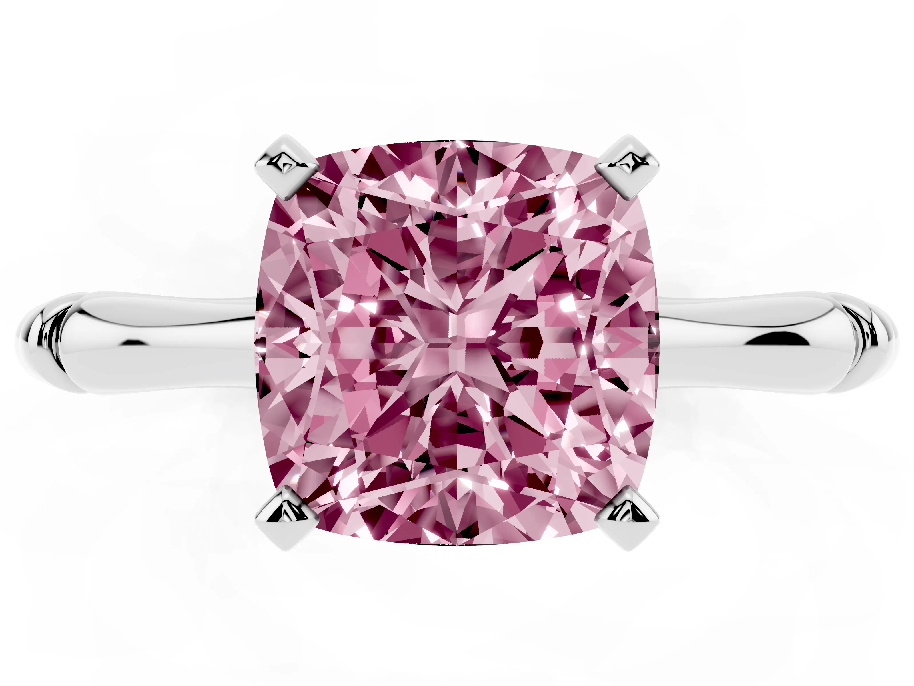 Fancy Pink Cushion Cut Diamond Solitaire Ring Set in Silver with Bamboo Band and Prong Setting