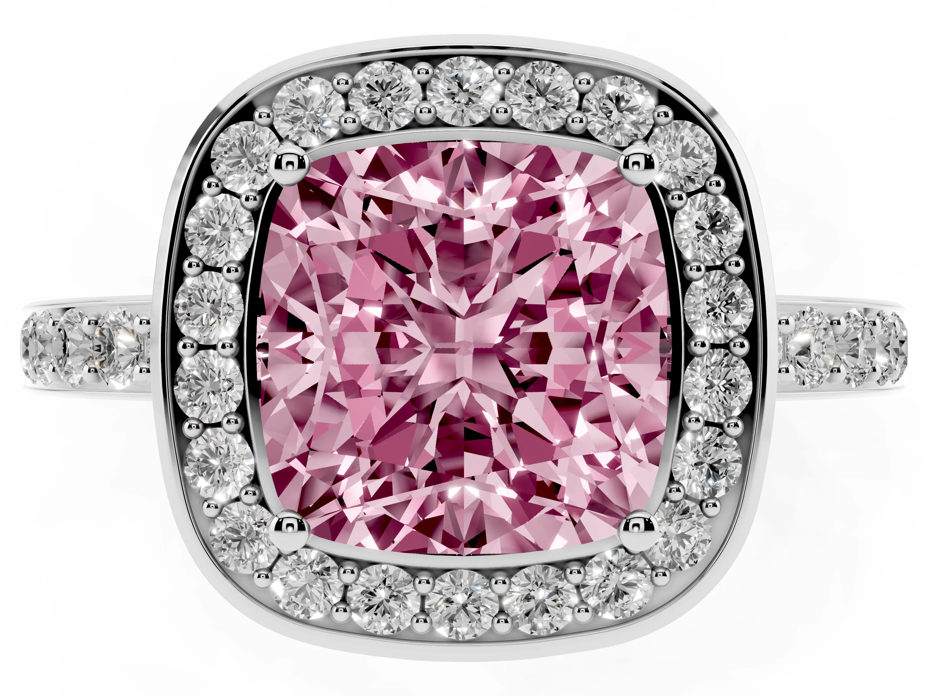 Fancy Pink Cushion Cut Diamond Halo Ring Set in White gold with Bezel Frame and Pavé Band
