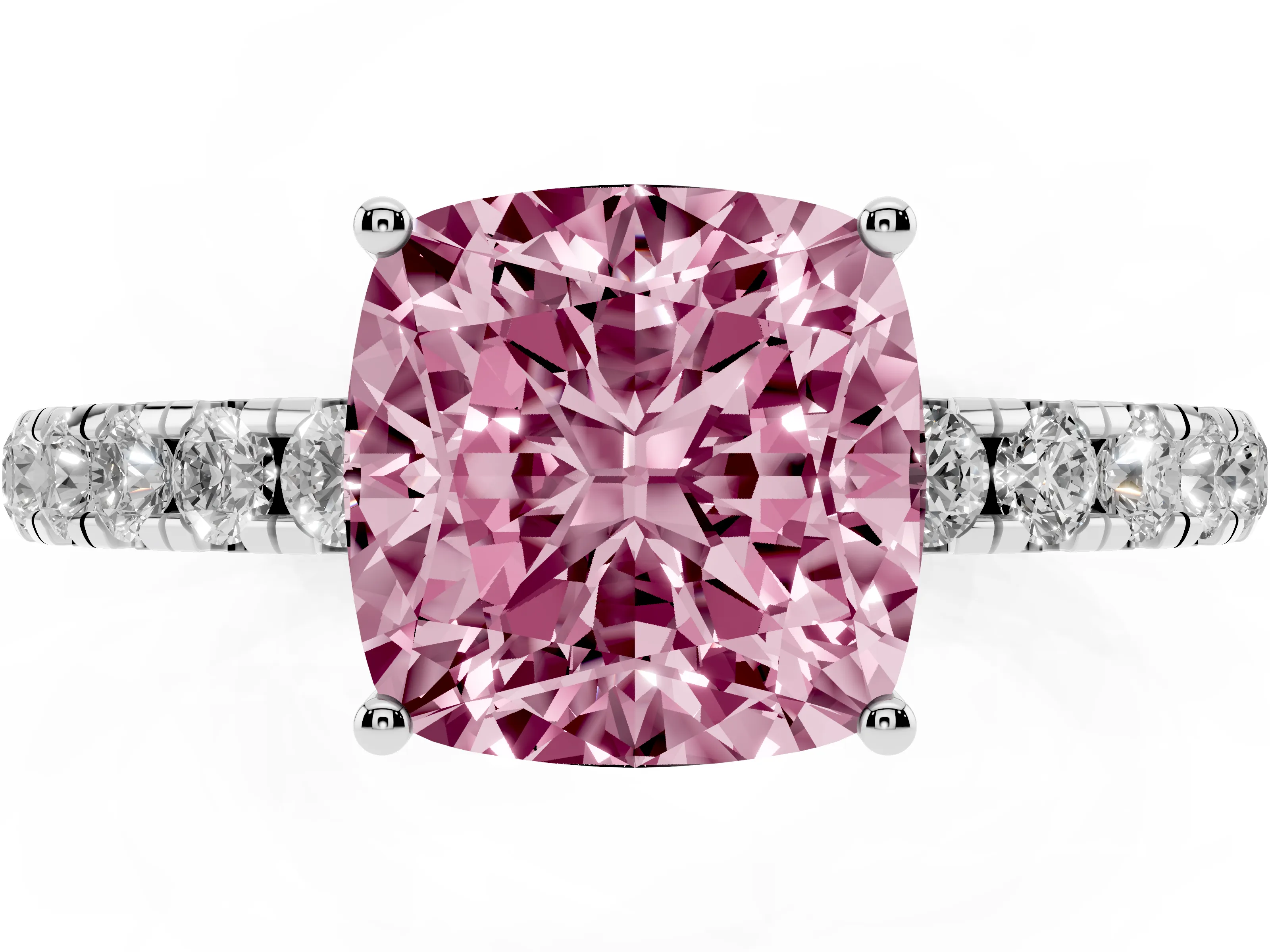Fancy Pink Cushion Cut Diamond Pavé Solitaire Engagement Ring Set in White gold with Prong Setting
