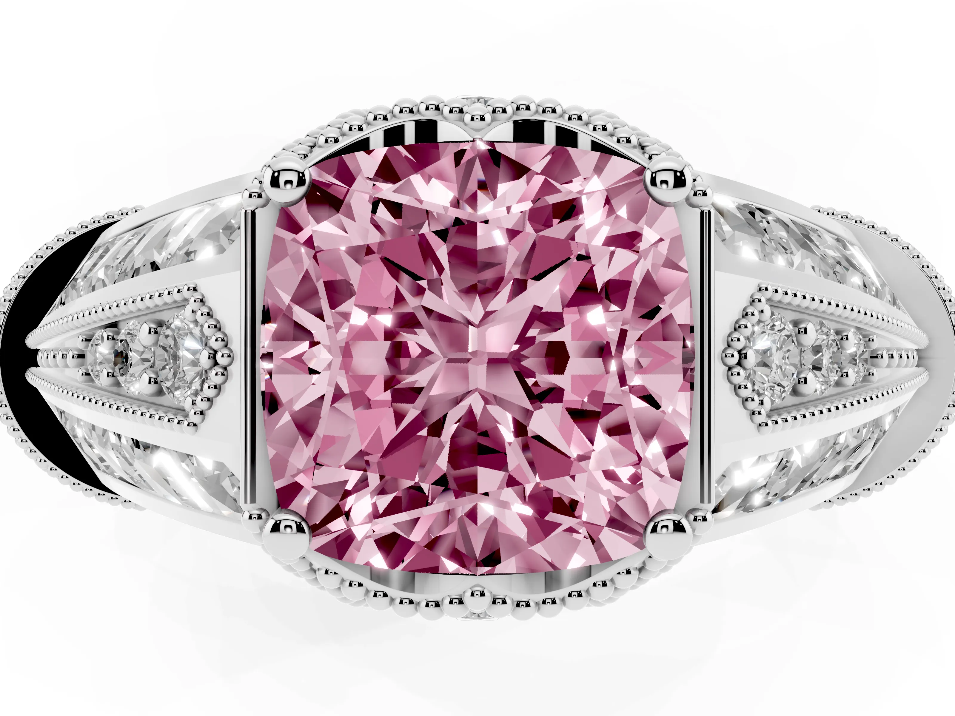 Fancy Pink Cushion Cut Diamond Vintage-Inspired Milgrain Ring Set in Silver with Accent Split Shank
