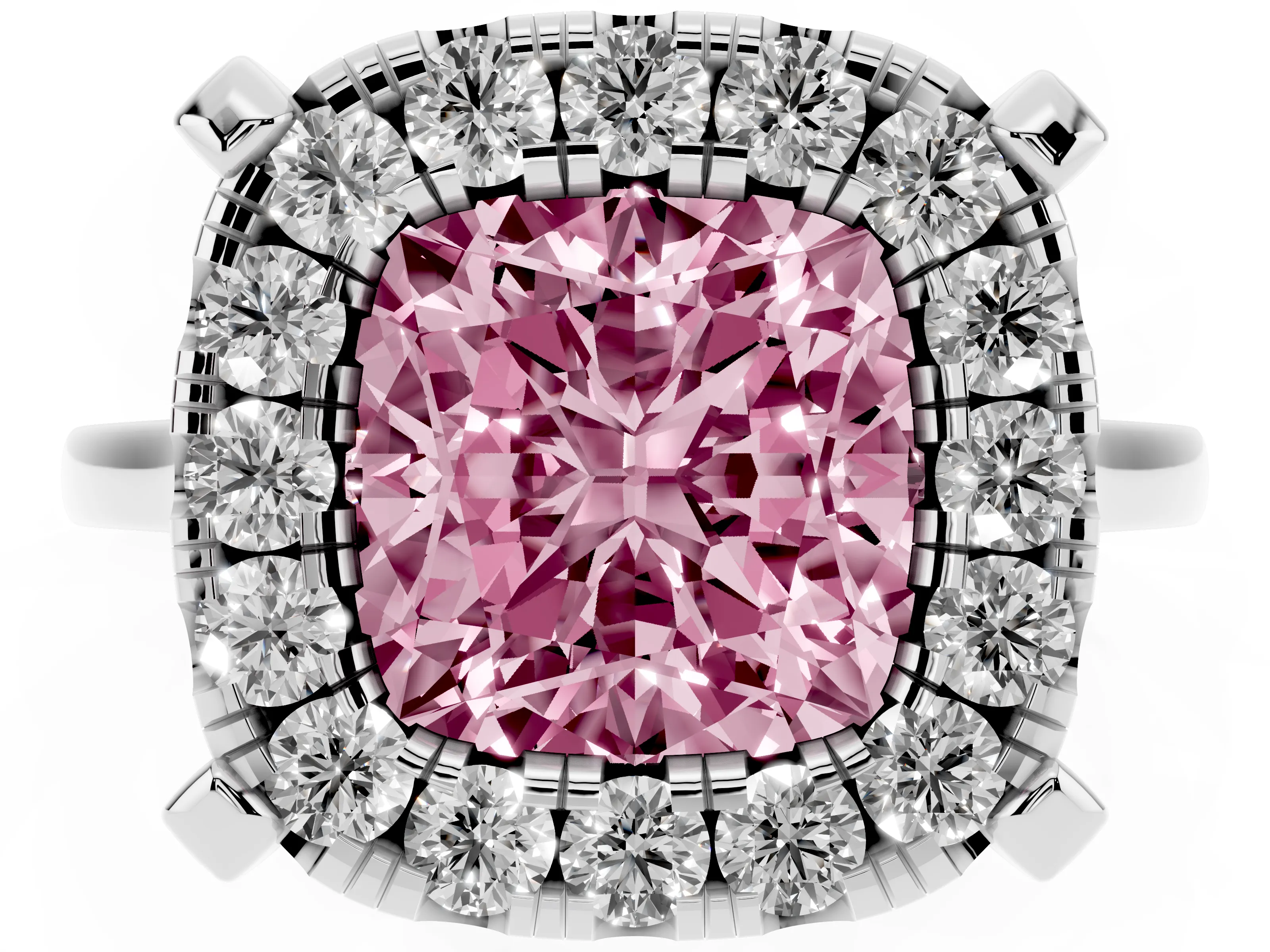 Fancy Pink Cushion Cut Diamond Cluster Halo Solitaire Ring Set in Silver with Prong Setting