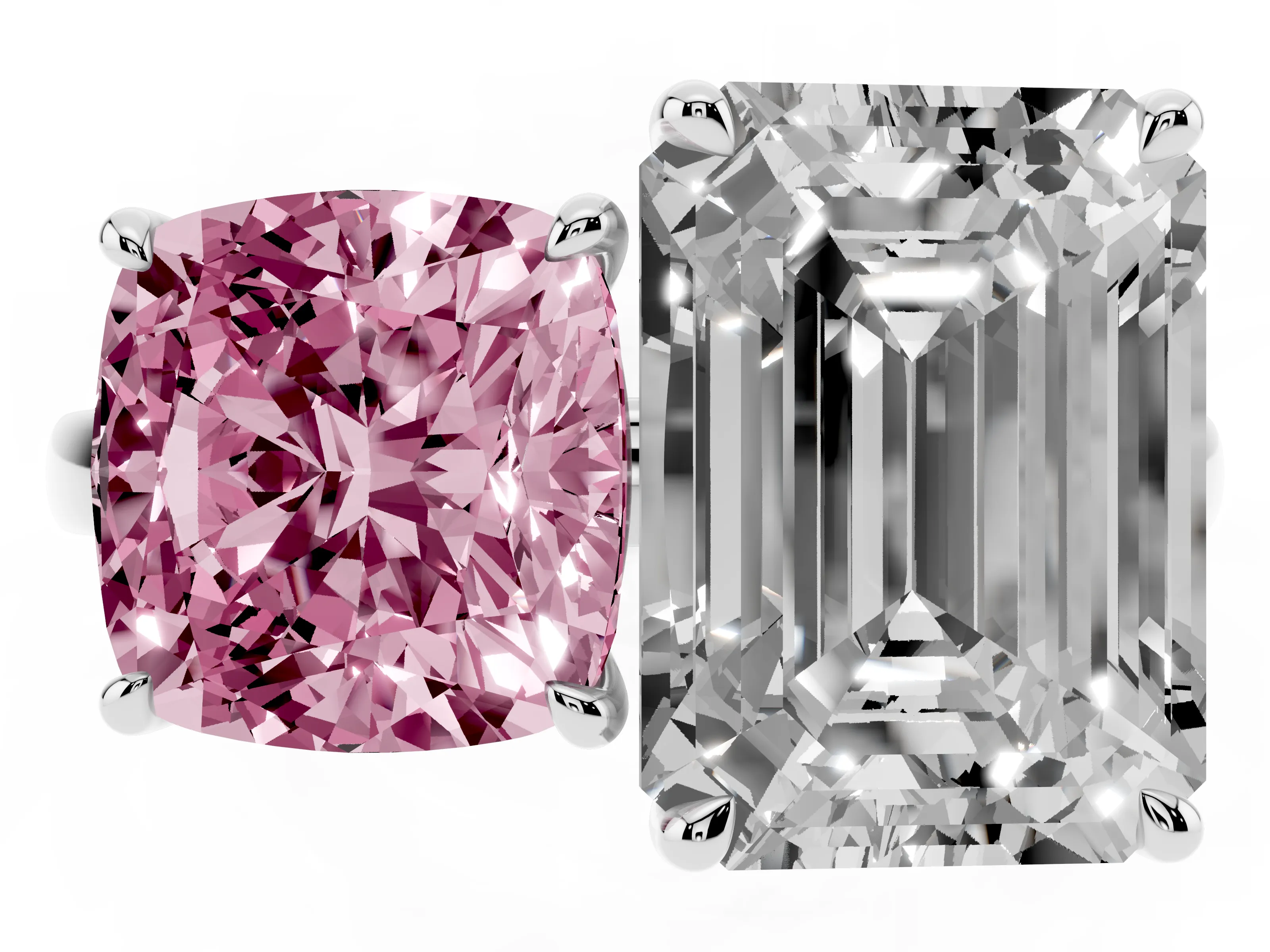 Fancy Pink Cushion Cut and Emerald Cut Toi Moi Ring Set in Platinum with Prong Setting