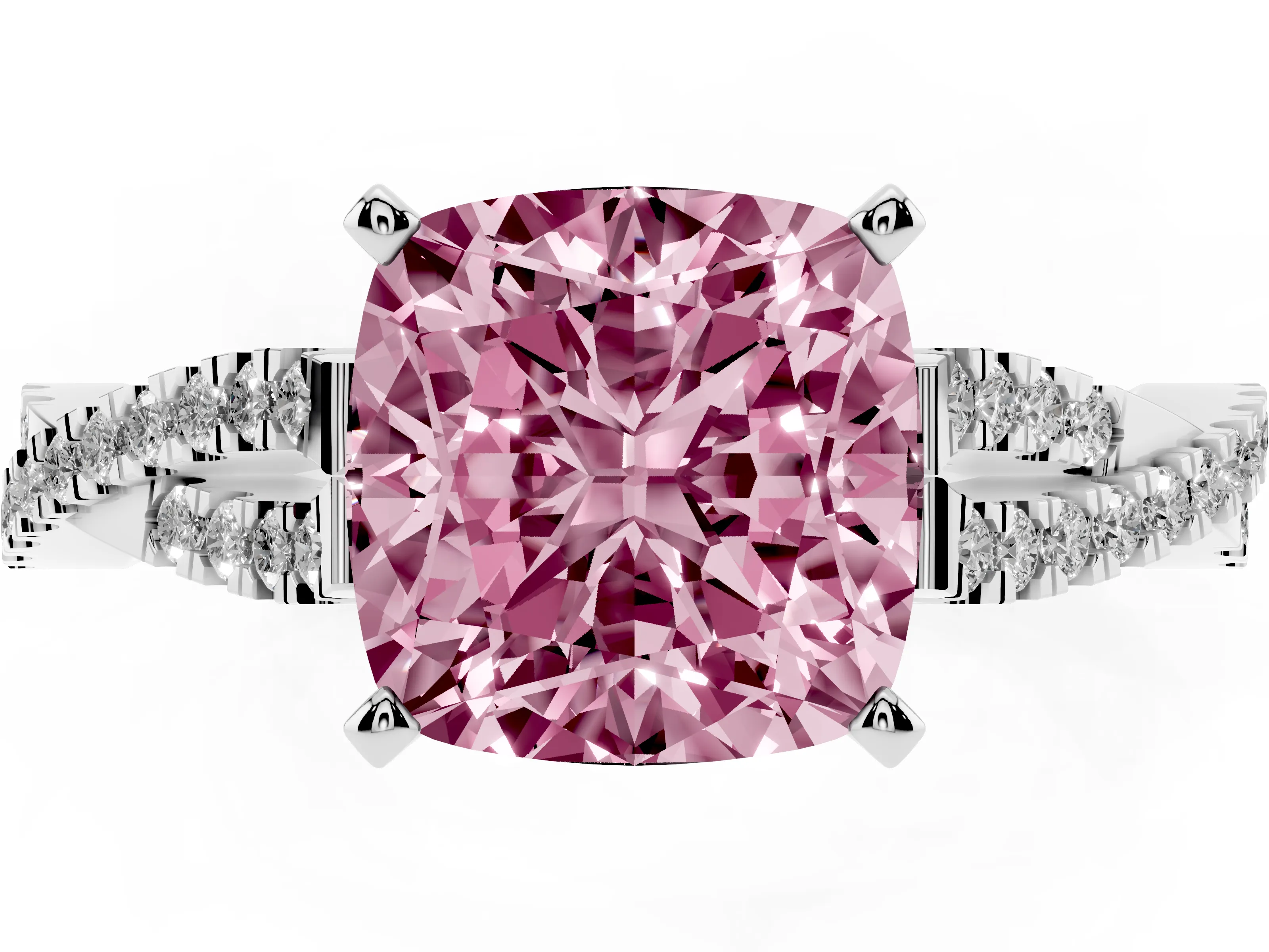 Fancy Pink Cushion Cut Diamond Solitaire Engagement Ring Set in Platinum with Twisted Pavé Band and Prong Setting