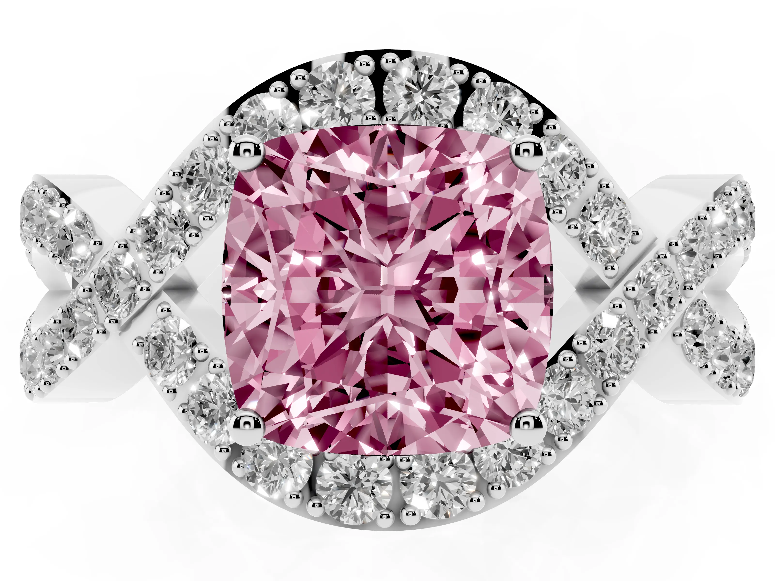 Fancy Pink Cushion Cut Diamond Solitaire Twist Band Pavé Engagement Ring Set in Platinum