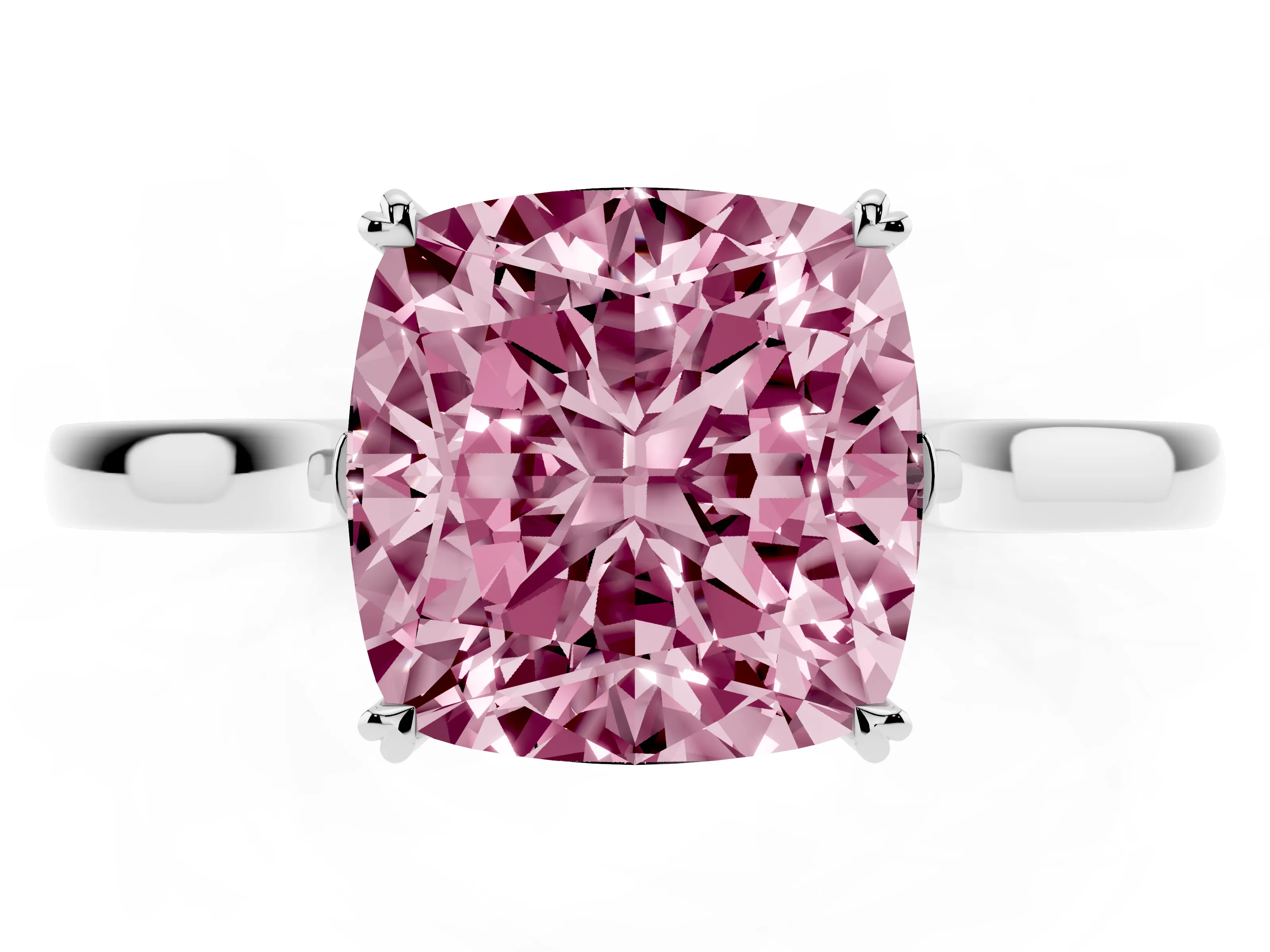 Fancy Pink Cushion Cut Diamond Solitaire Heart Prong Engagement Ring Set in Silver with Tapered Band