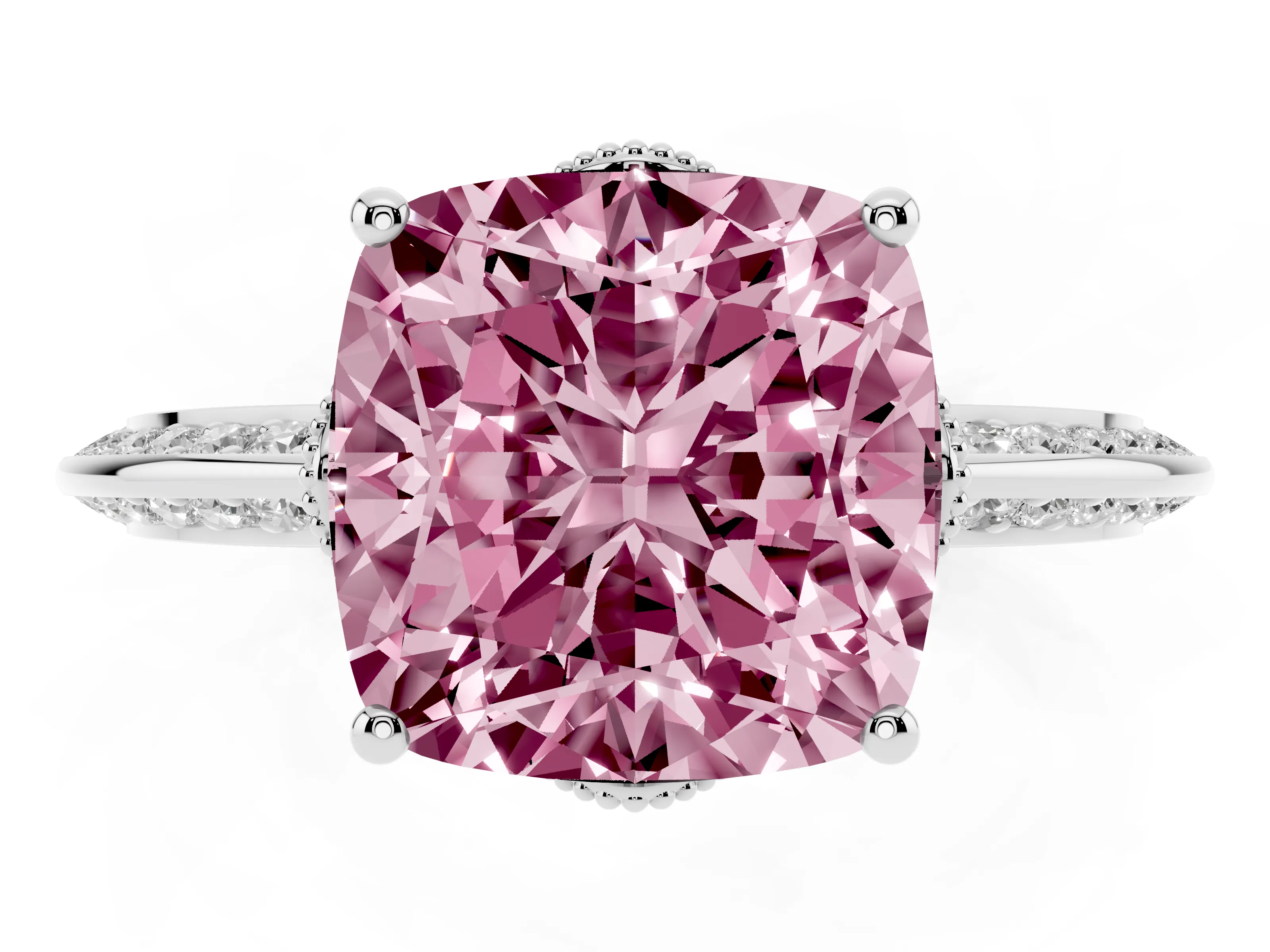 Fancy Pink Cushion Cut Diamond Solitaire Engagement Ring Set in Platinum with Pavé Split Shank and Prong Setting