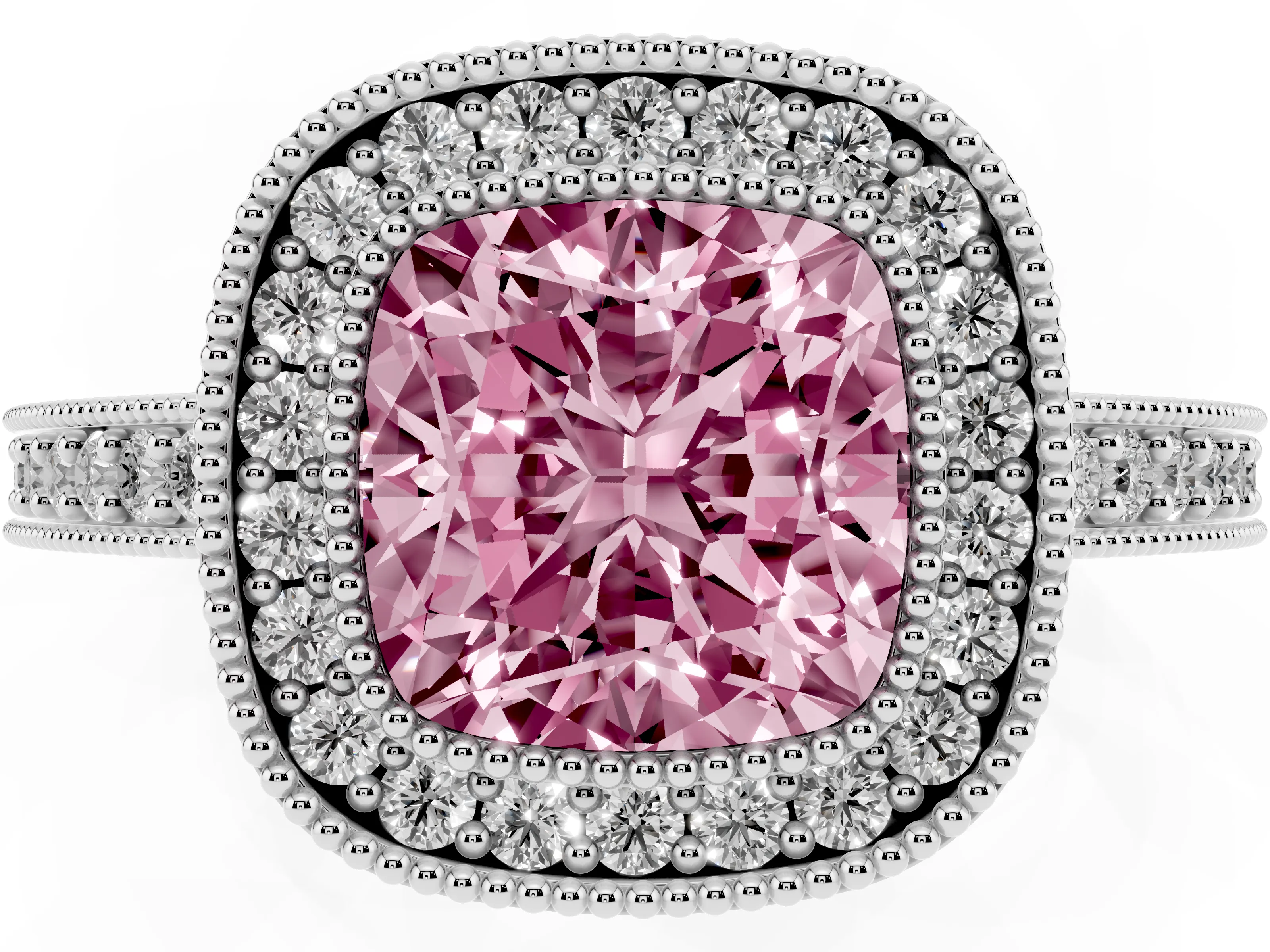 Fancy Pink Cushion Cut Diamond Halo Engagement Ring Set in White gold with Pavé Band and Round Halo Stones