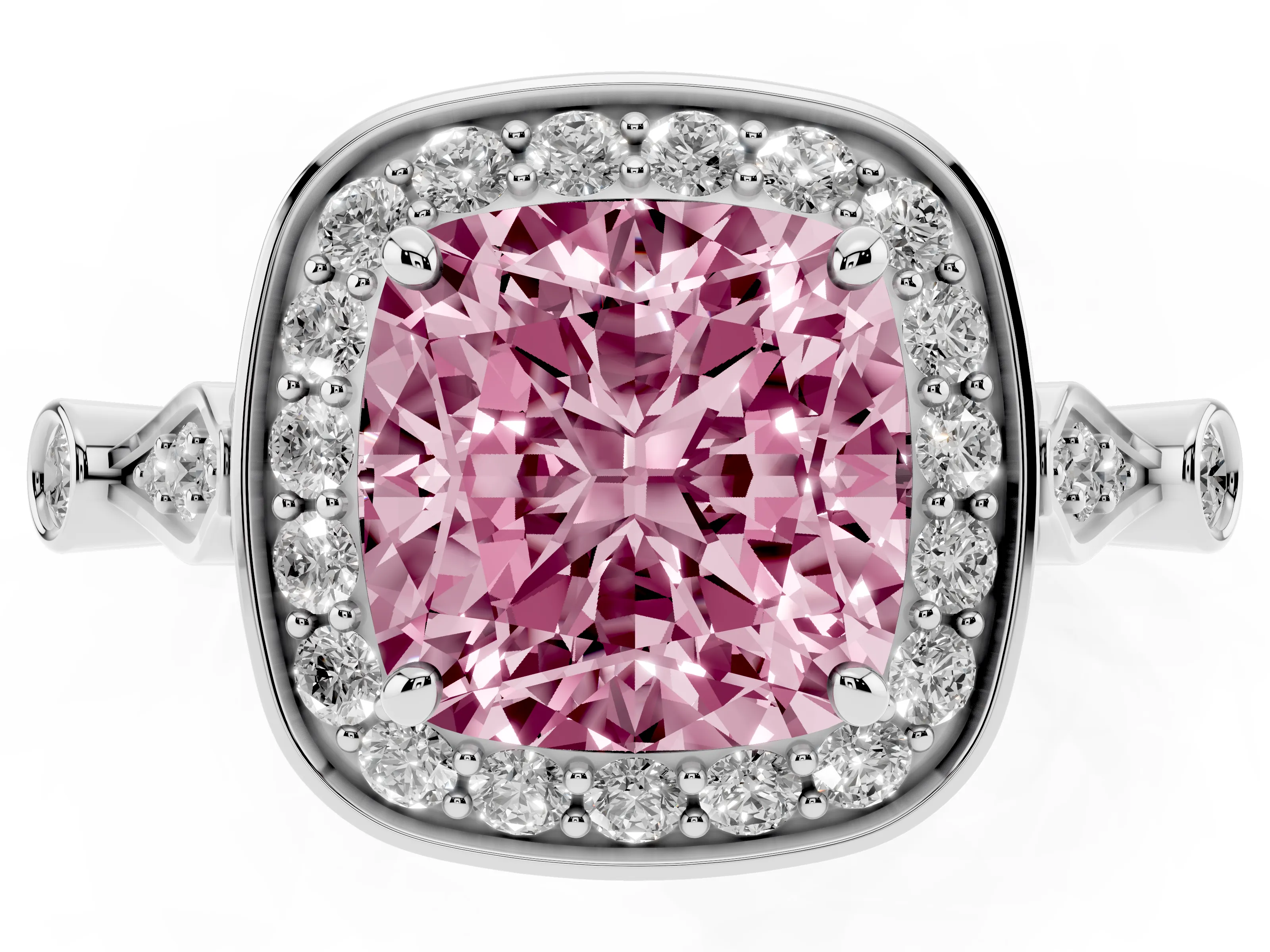 Fancy Pink Cushion Cut Diamond Halo Engagement Ring Set in Silver with Twisted Band and Prong Setting