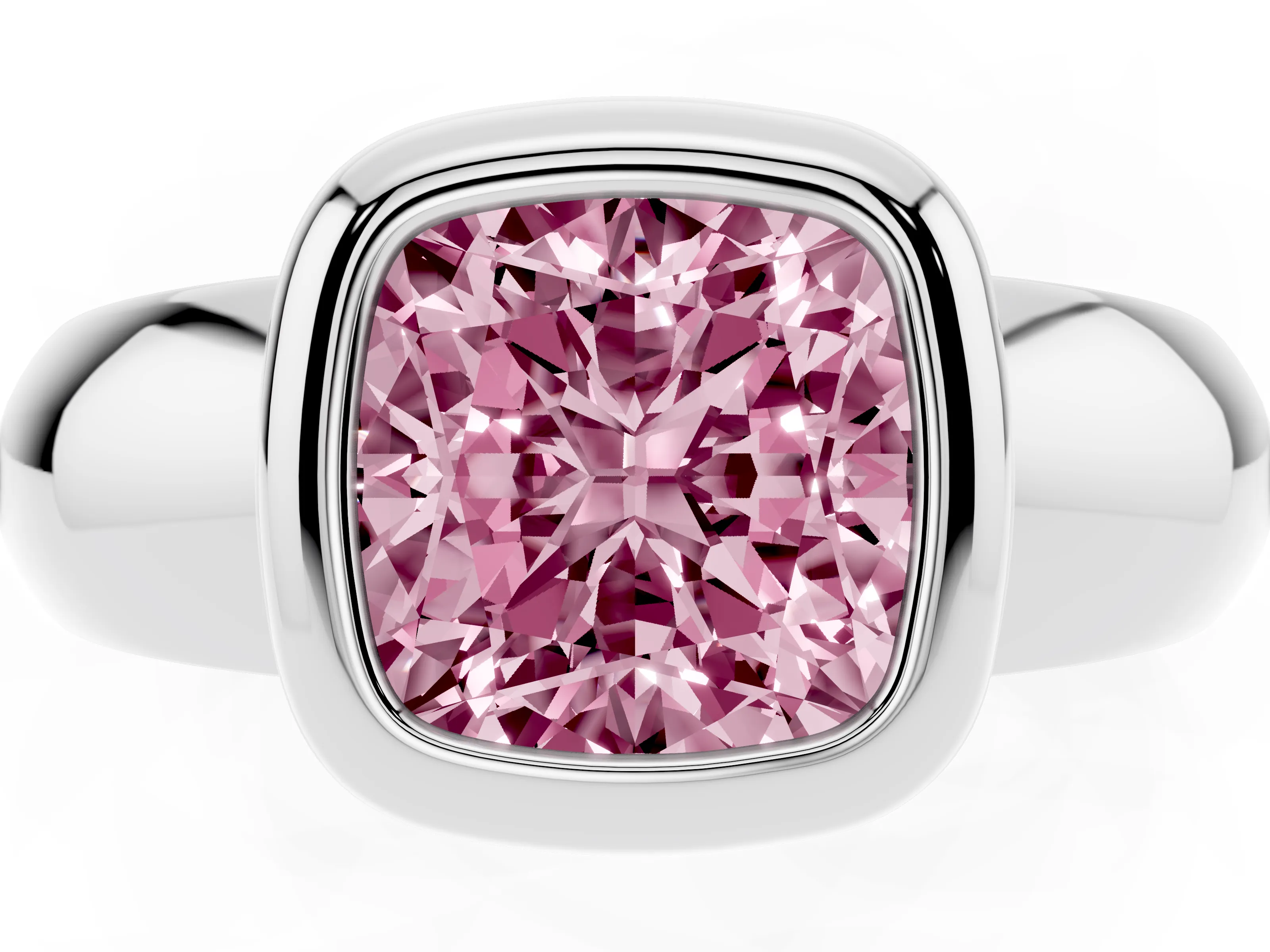 Fancy Pink Bezel Set Cushion Cut Diamond Solitaire Ring Set in Silver with Wide Band