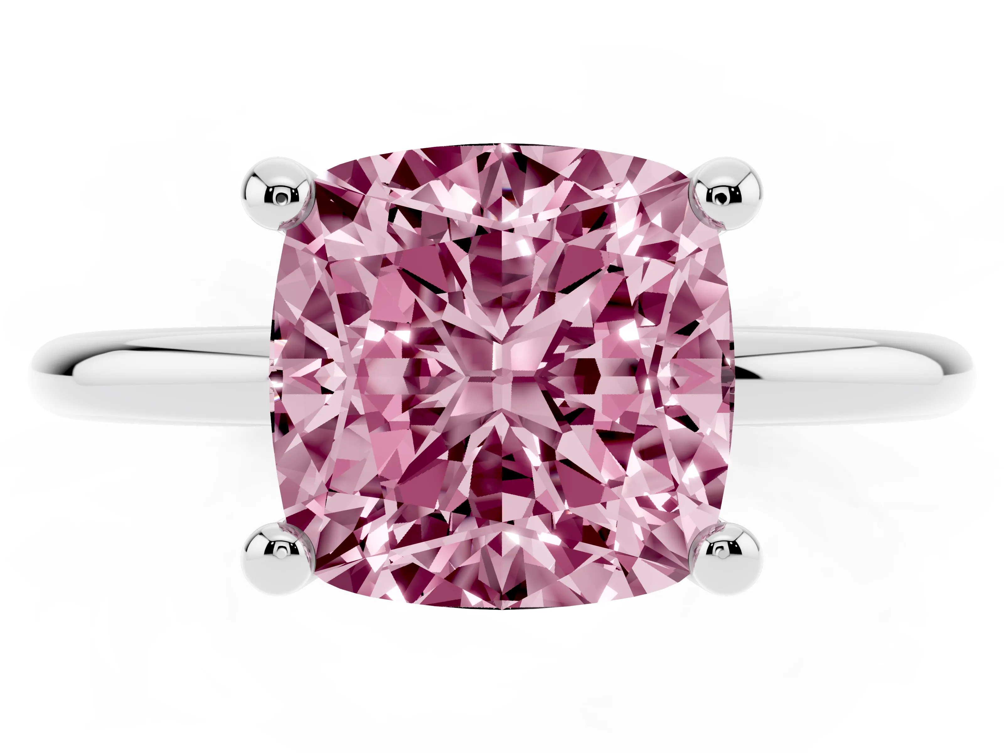 Fancy Pink Cushion Cut Diamond Solitaire Ring Set in Platinum with Secure Prong Setting on a Classic Band