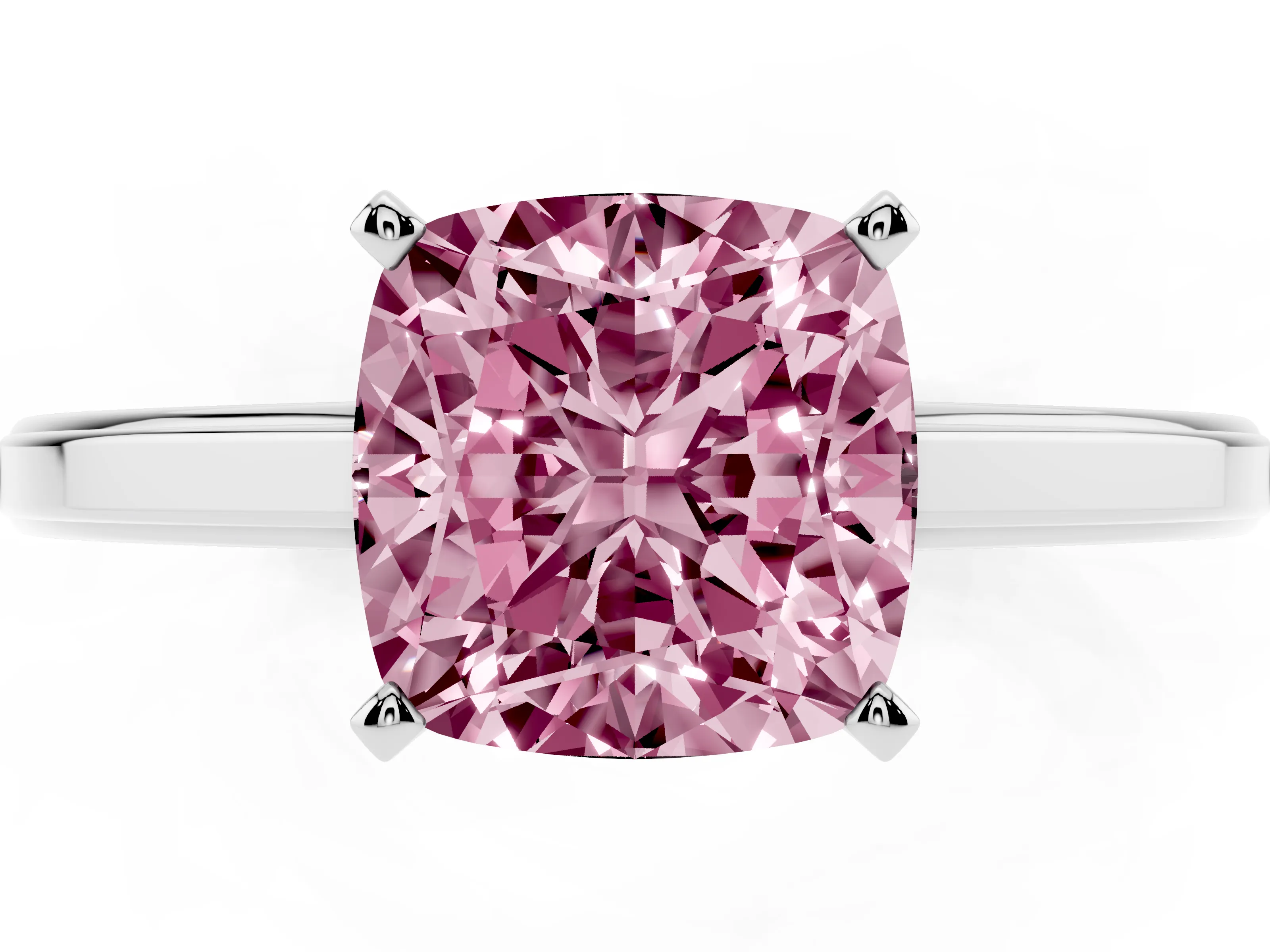 Fancy Pink Cushion Cut Diamond Solitaire Ring Set in White gold with Prong Setting and Classic Band