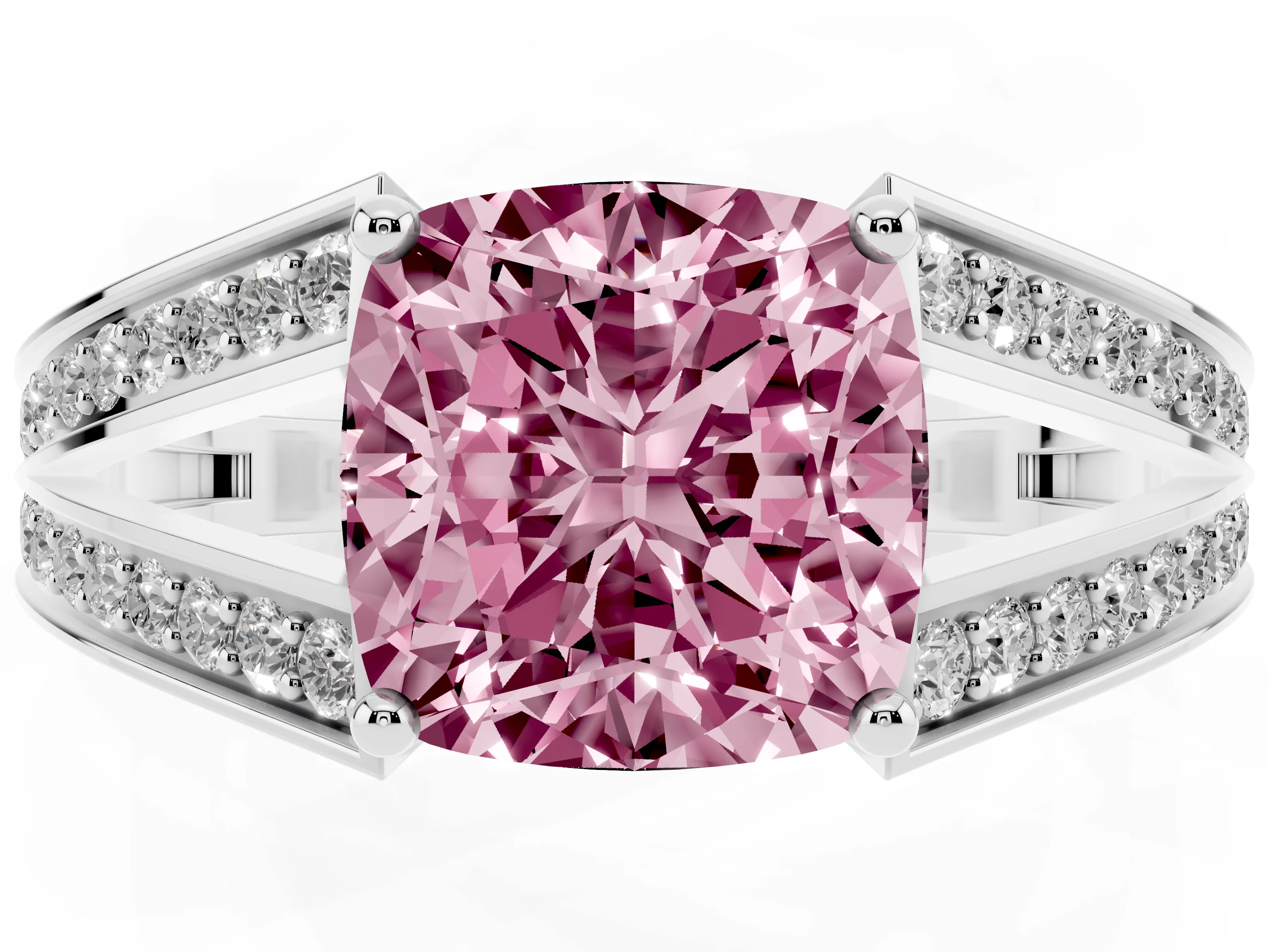 Fancy Pink Cushion Cut Diamond Split Shank Ring Set in Platinum with Pavé Band and Prong Setting