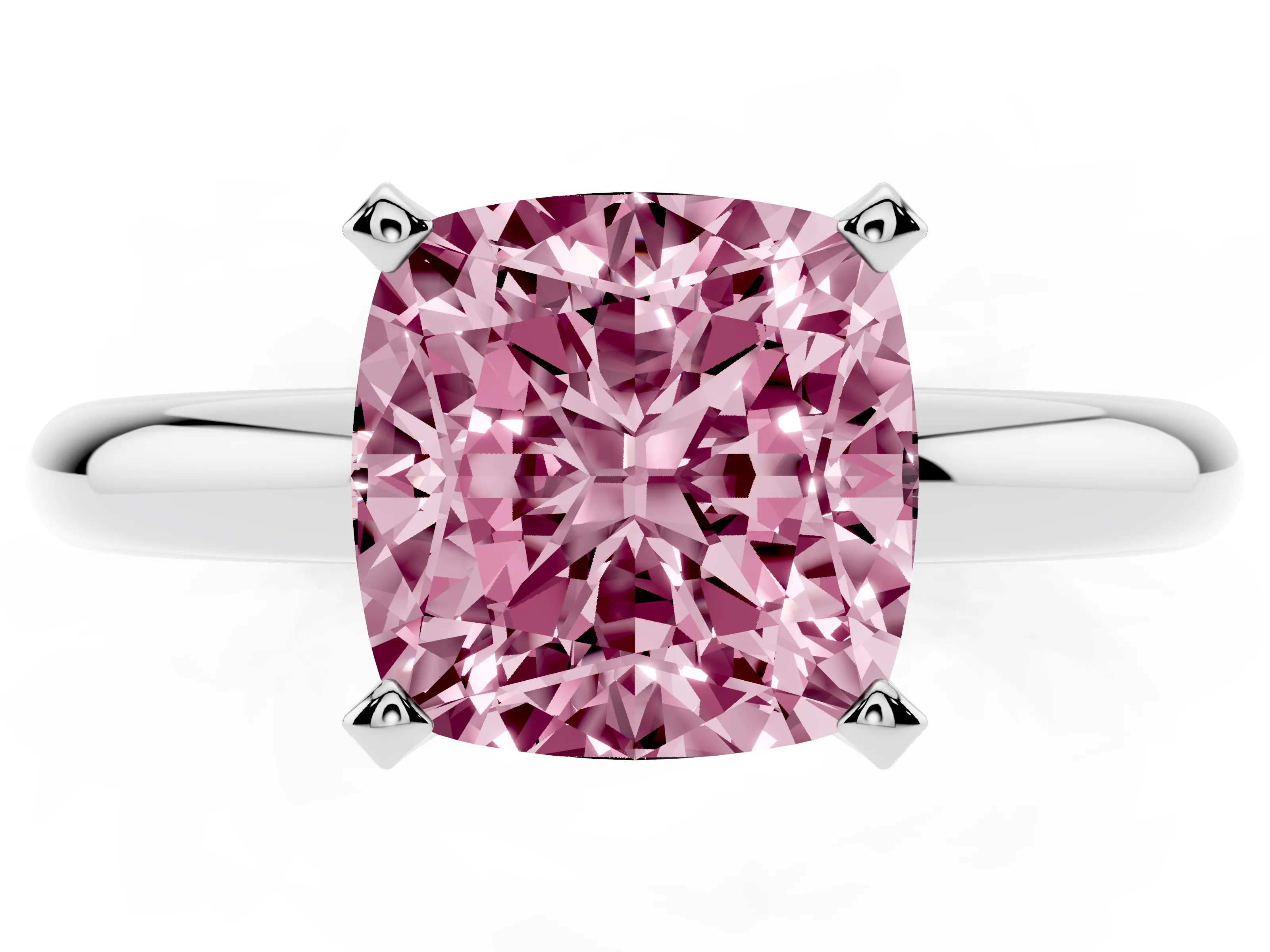 Fancy Pink Cushion Cut Diamond Solitaire Engagement Ring Set in White gold with Round Band and Prong Setting