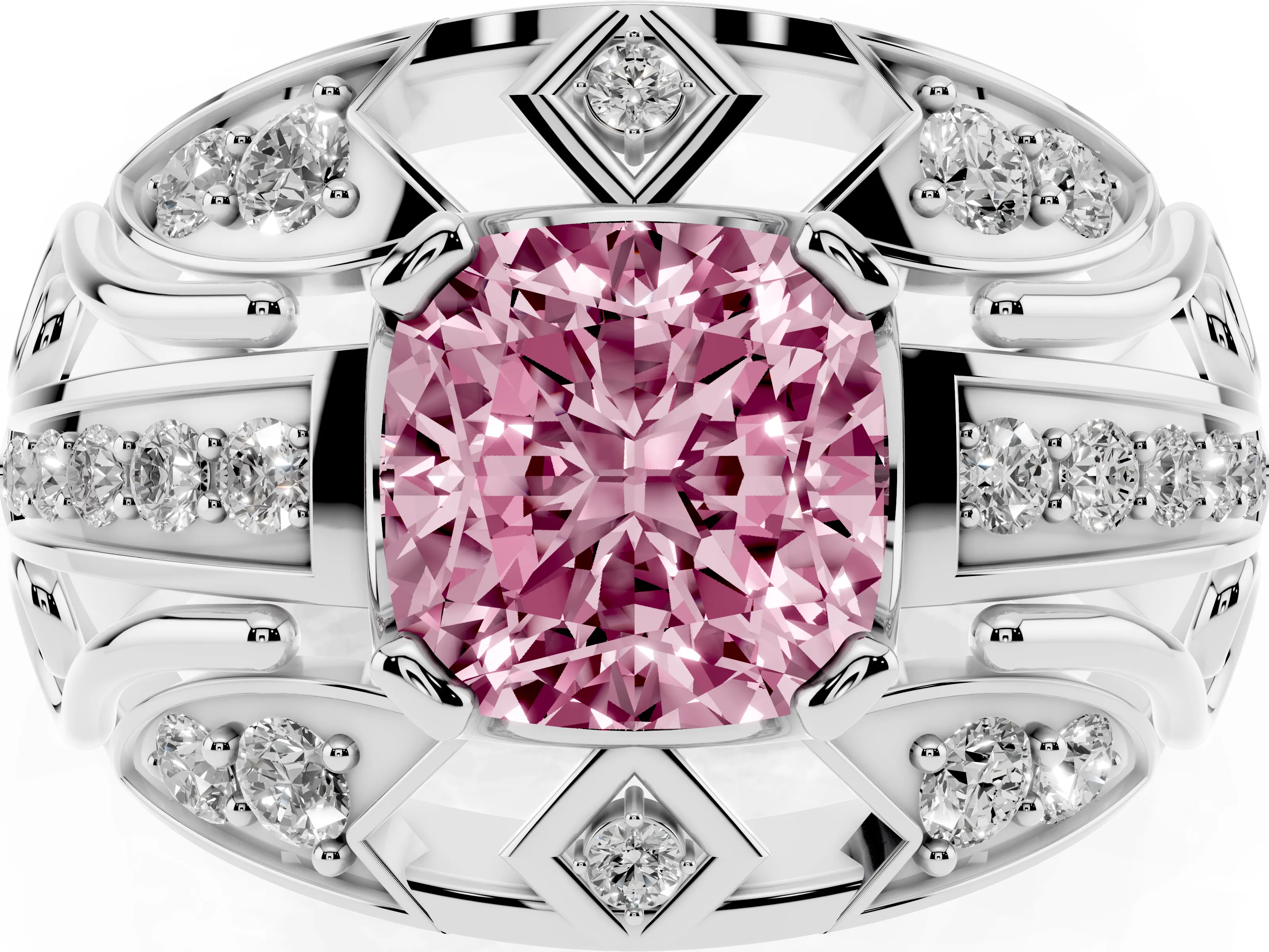 Fancy Pink Cushion Cut Diamond Art Deco Ring Set in Silver with Pavé Split Shank