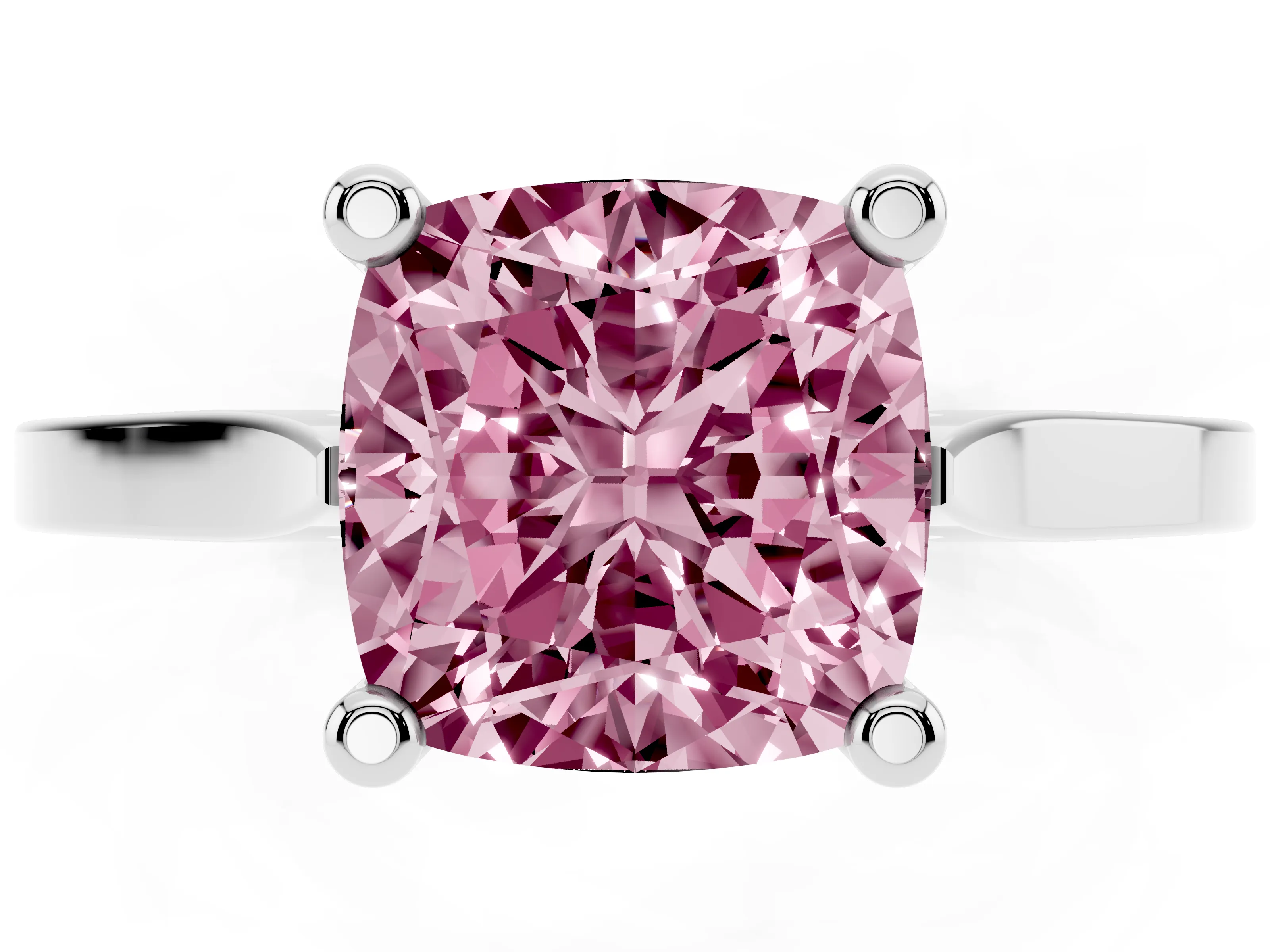 Fancy Pink Cushion Cut Diamond Solitaire Ring Set in Platinum with Prong Setting and Tapered Band