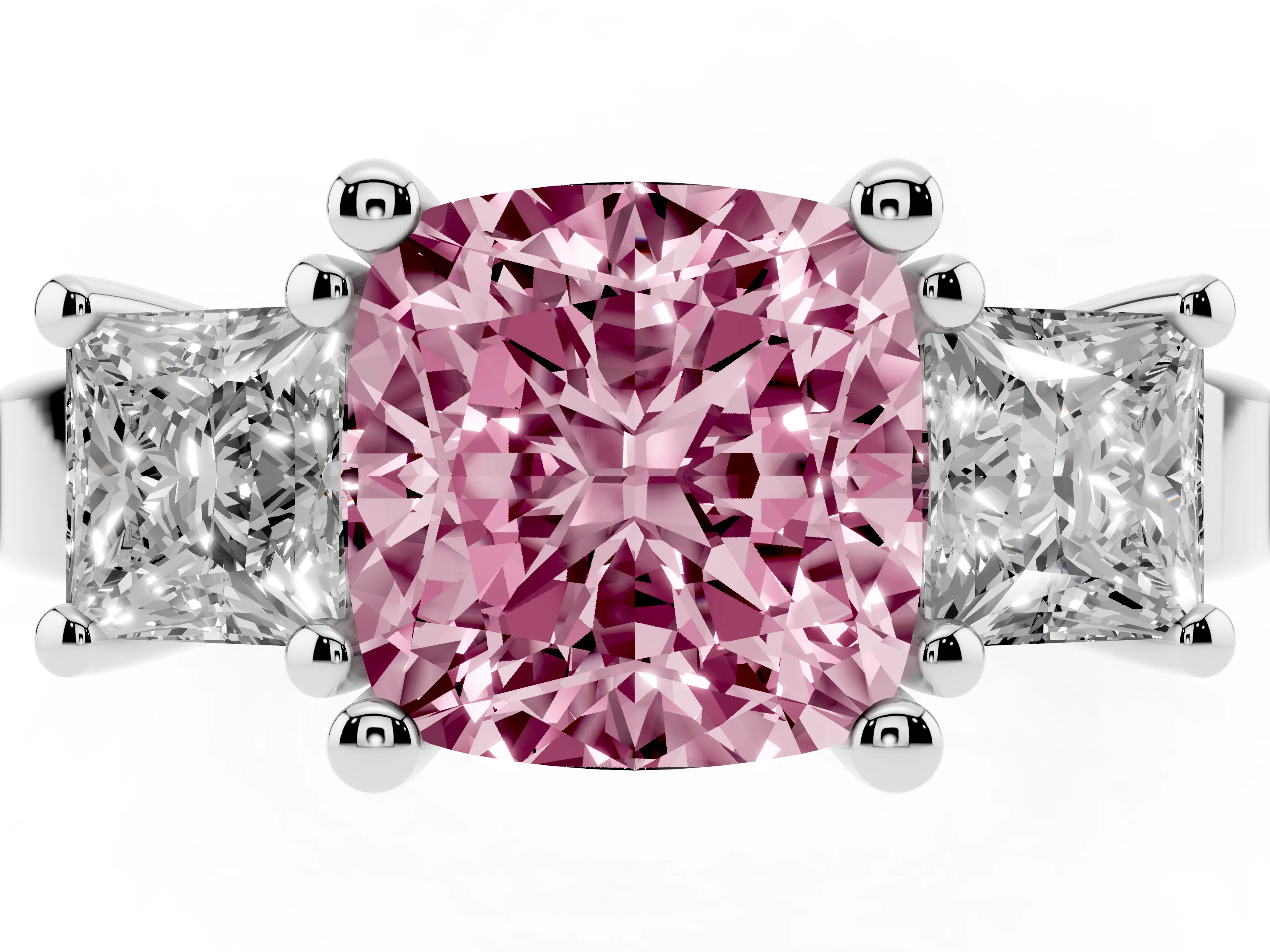 Fancy Pink Three-Stone Cushion Cut Diamond Solitaire Ring Set in Silver with Prong Setting