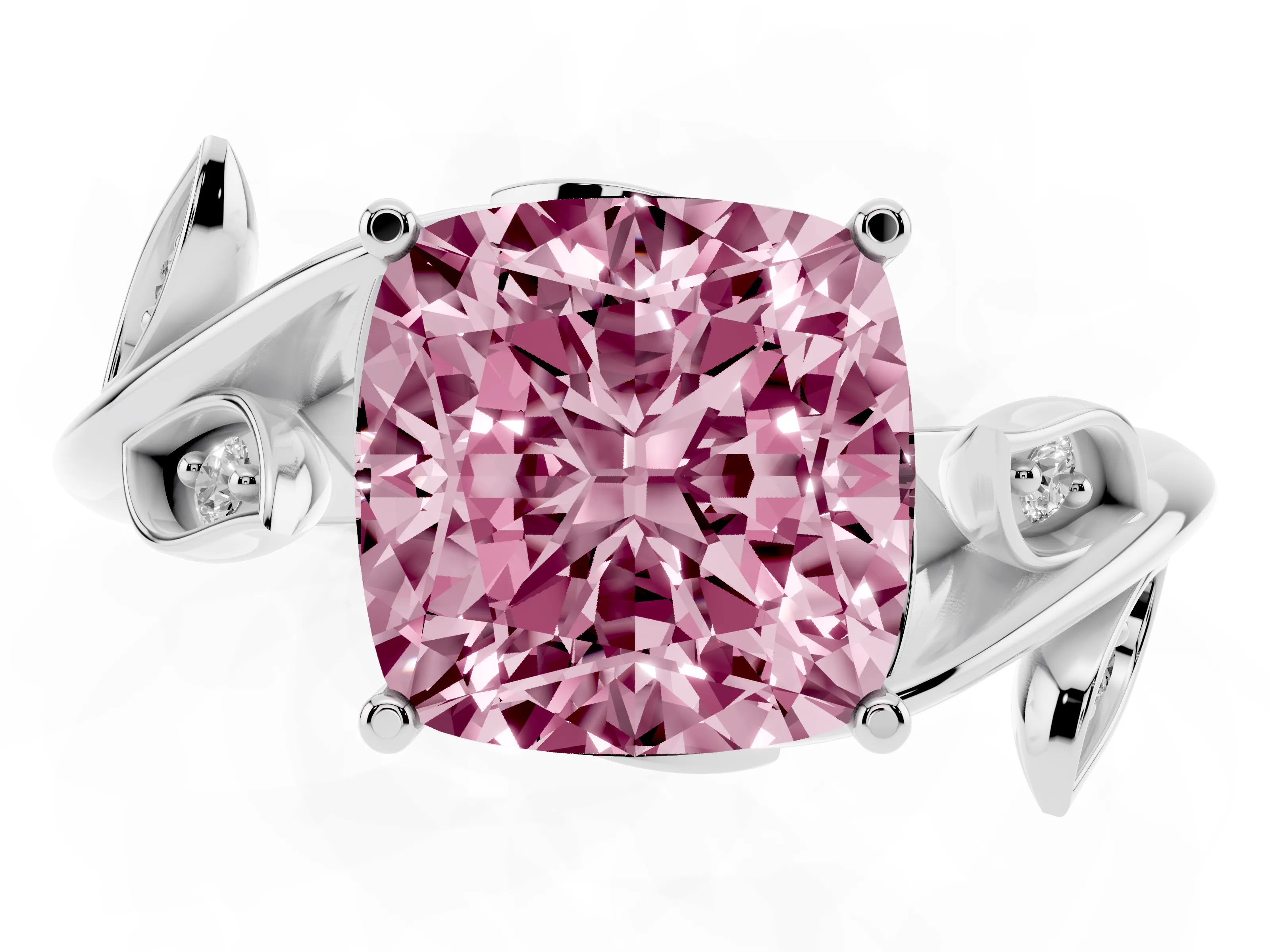 Fancy Pink Cushion Cut Diamond Solitaire Twist Engagement Ring Set in Platinum with Pavé Leaf Accents